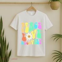 Peace Love Recovery Retro Sober Celebration T-Shirt thumb 2