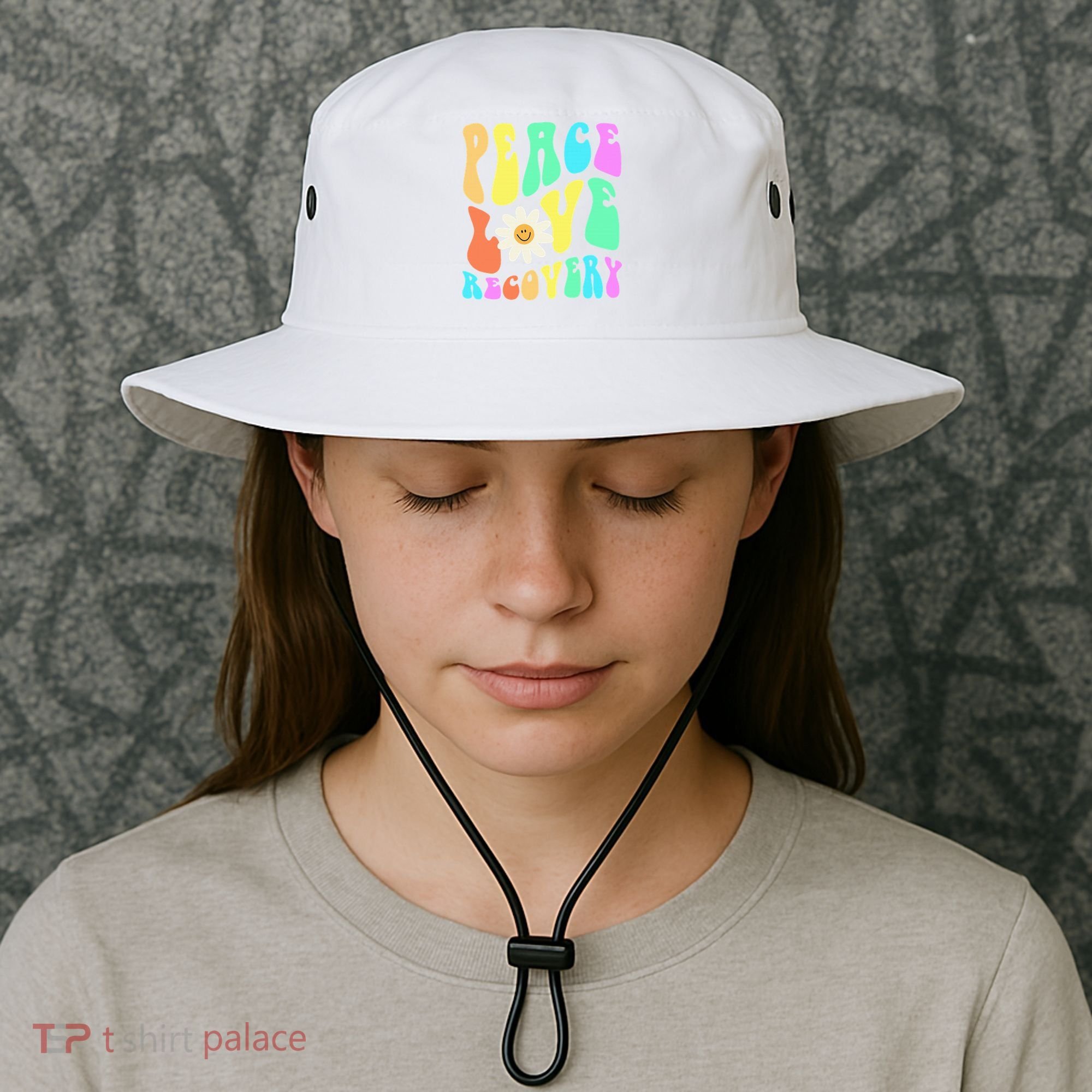 Peace Love Recovery Retro Sober Celebration Bucket Hat