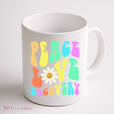 Peace Love Recovery Retro Sober Celebration Coffee Mug back