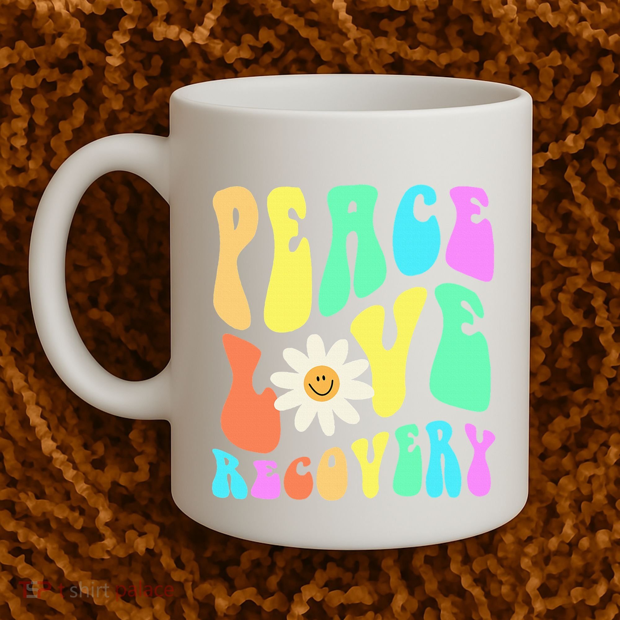 Peace Love Recovery Retro Sober Celebration Coffee Mug