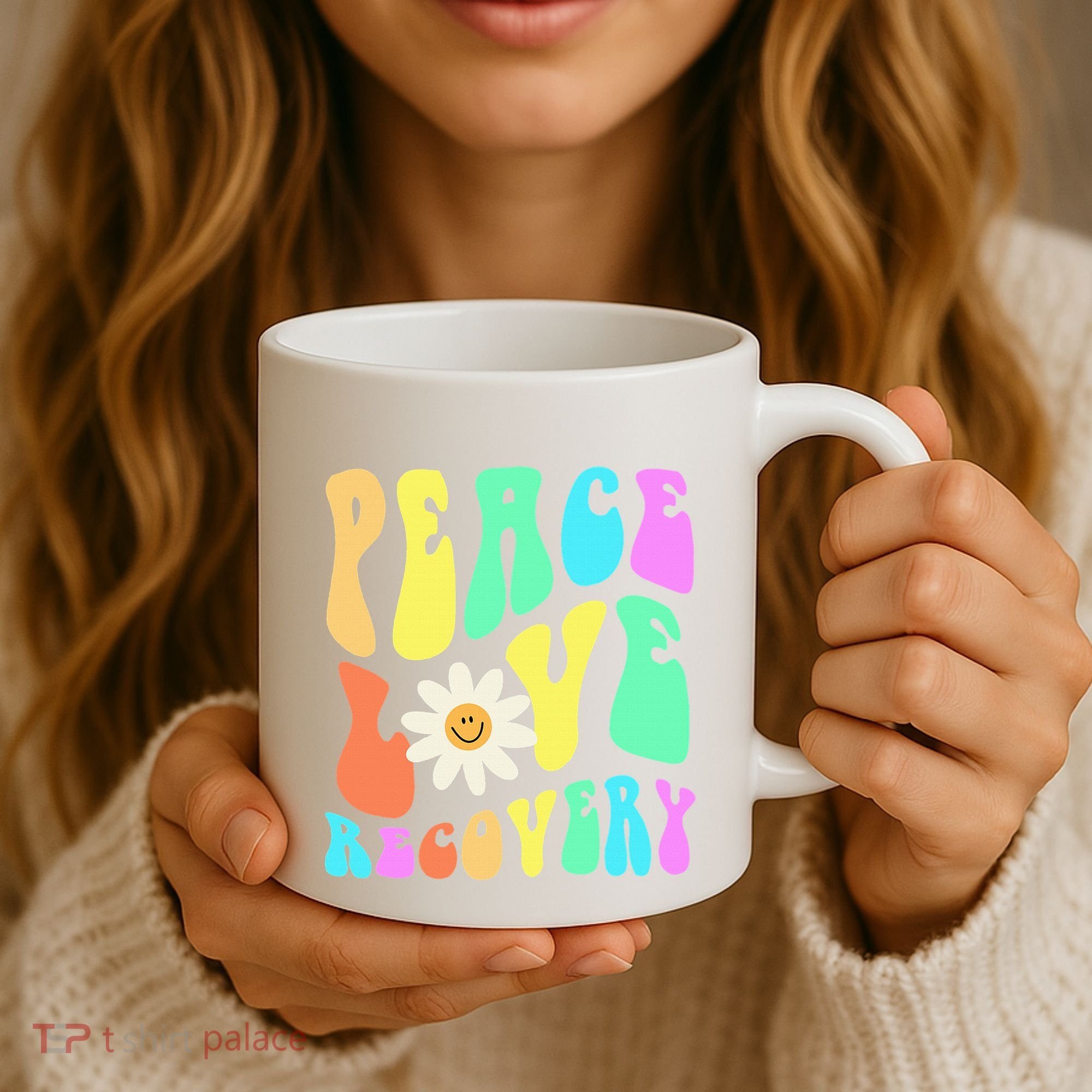 Peace Love Recovery Retro Sober Celebration Coffee Mug