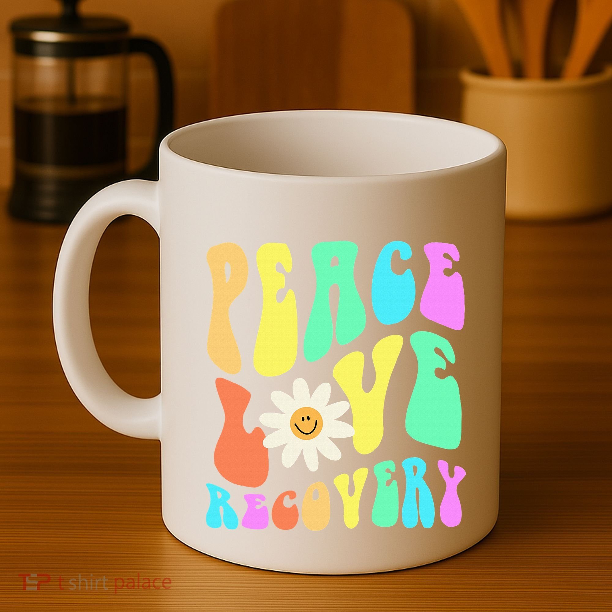 Peace Love Recovery Retro Sober Celebration Coffee Mug