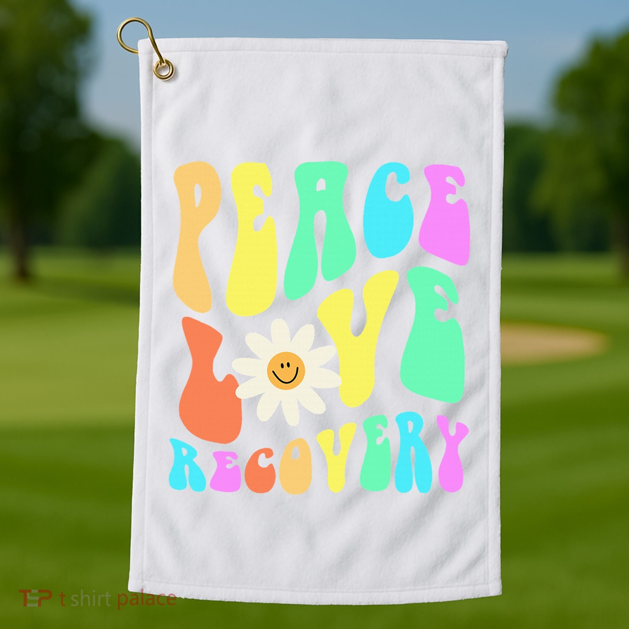 Peace Love Recovery Retro Sober Celebration Golf Towel