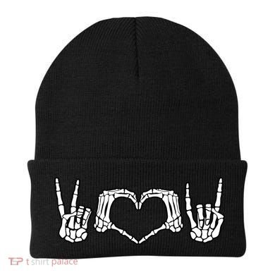 Peace Love Rock And Roll Skeleton Hand Pastel Goth Gift Beanie