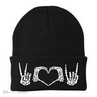 Peace Love Rock And Roll Skeleton Hand Pastel Goth Gift Beanie thumb 0