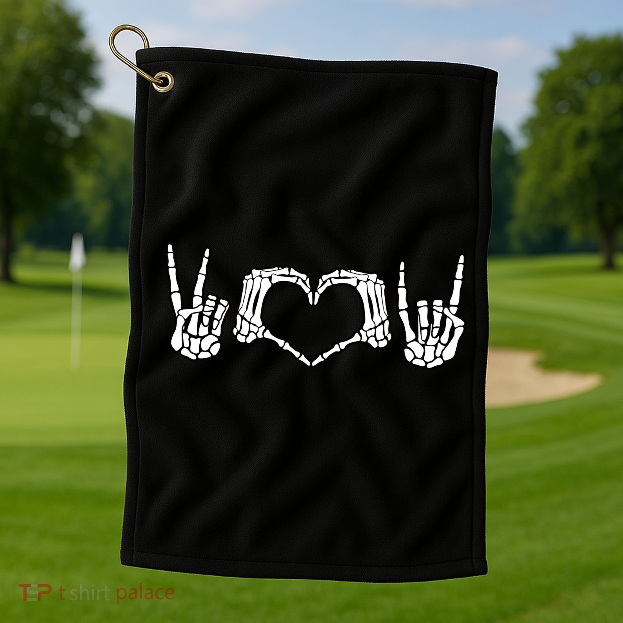 Peace Love Rock And Roll Skeleton Hand Pastel Goth Gift Golf Towel