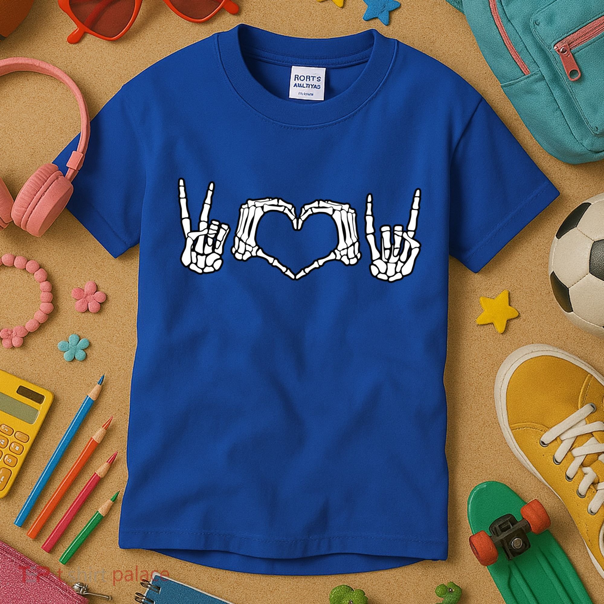Peace Love Rock And Roll Skeleton Hand Pastel Goth Gift Kids T-Shirt