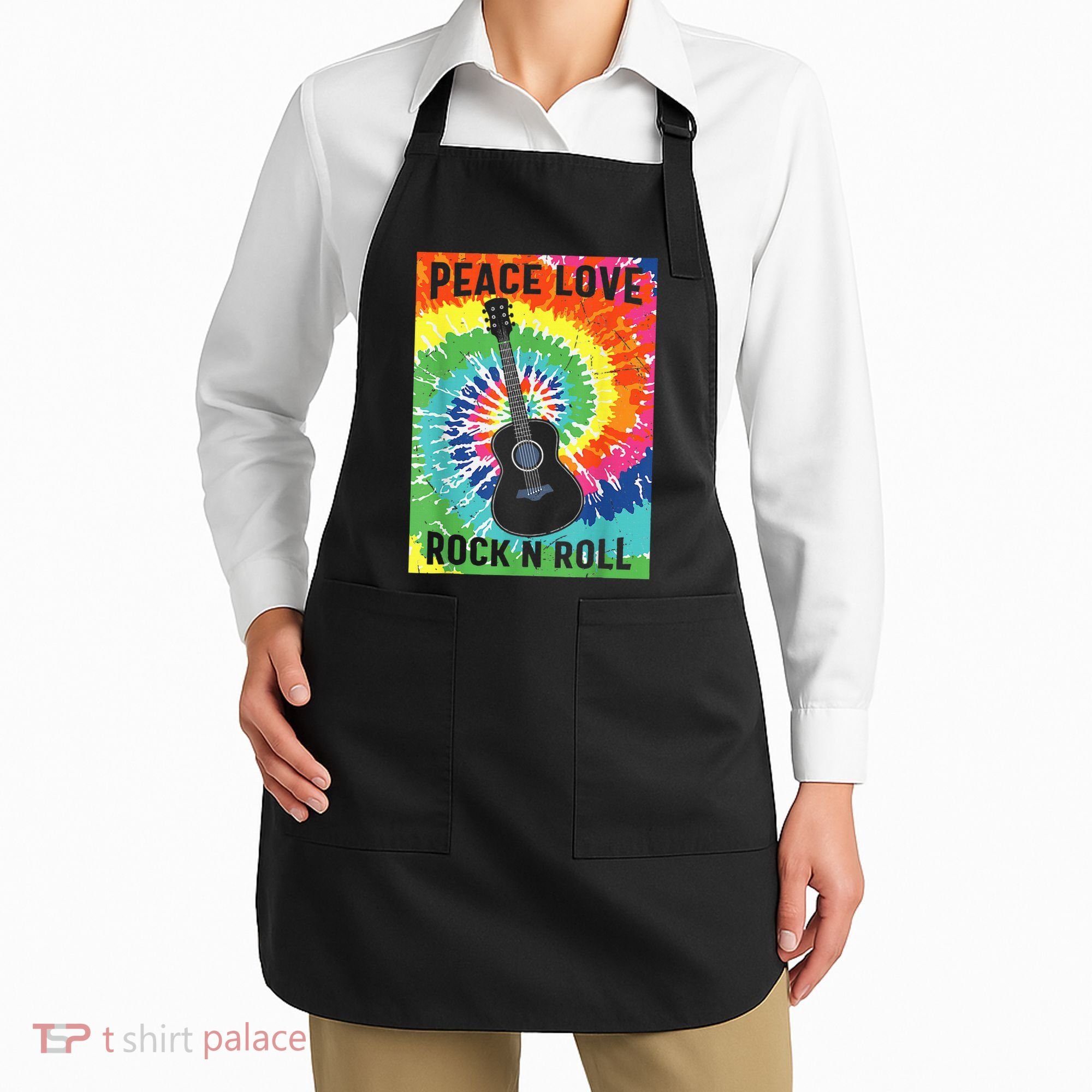 Peace Love Rock N Roll Tie Dye Hippie Guitar Music Retro Apron