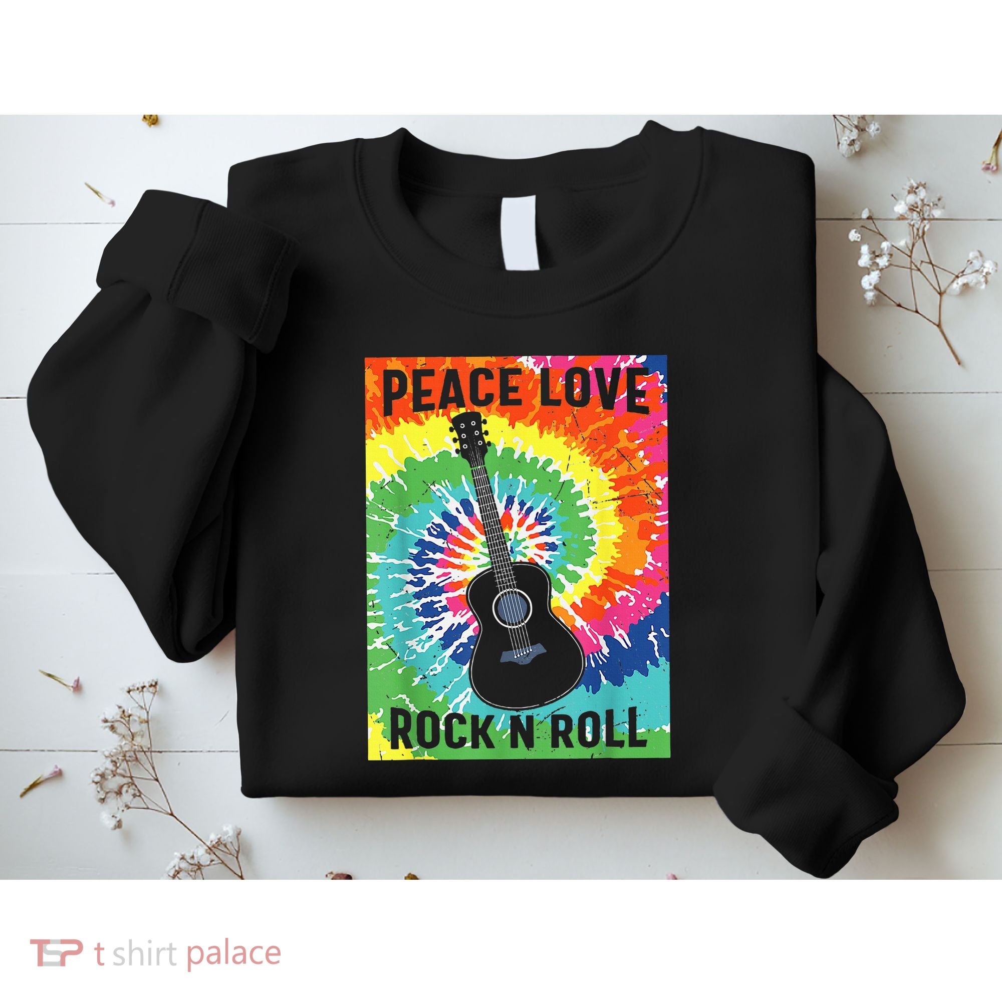 Peace Love Rock N Roll Tie Dye Hippie Guitar Music Retro Sweatshirt