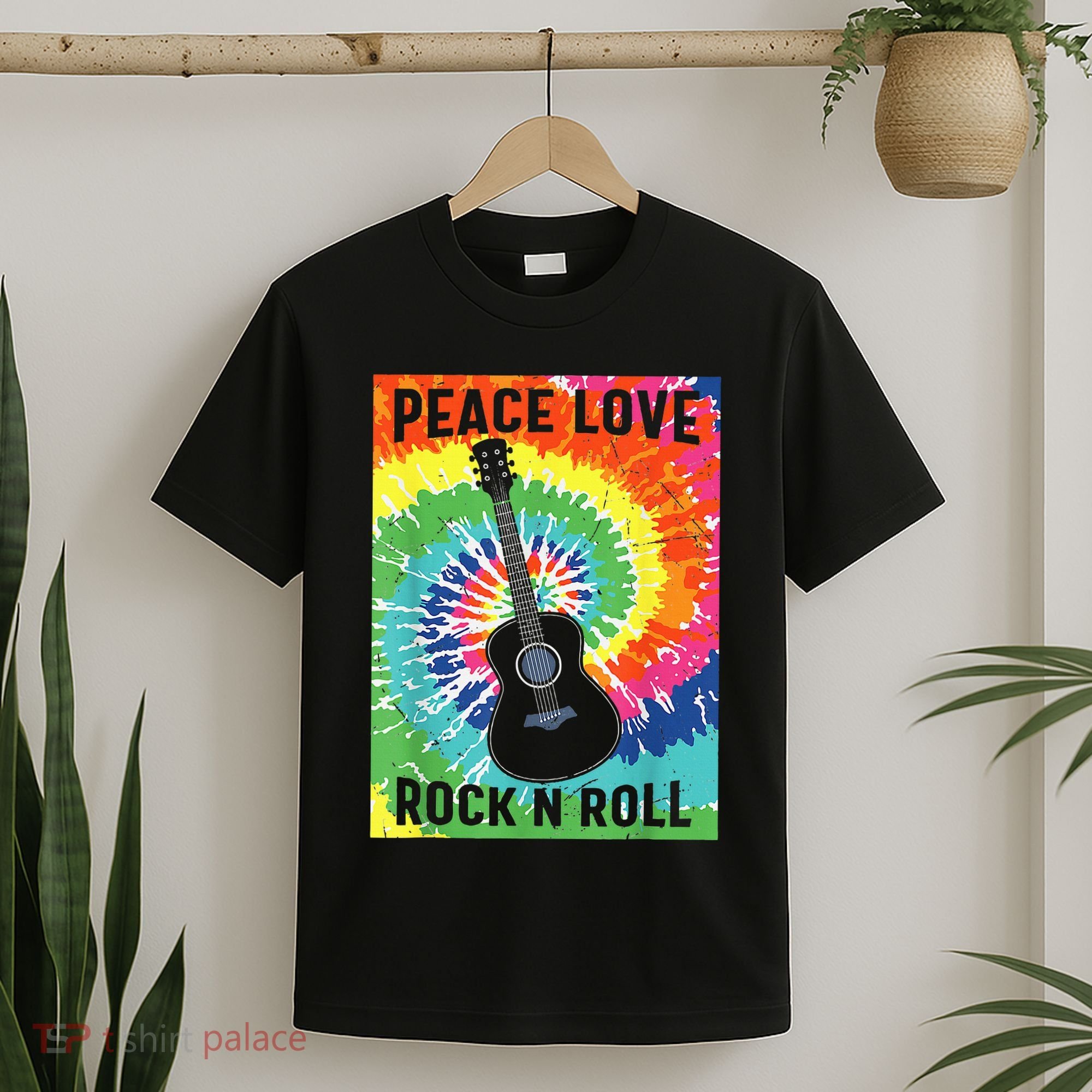 Peace Love Rock N Roll Tie Dye Hippie Guitar Music Retro T-Shirt