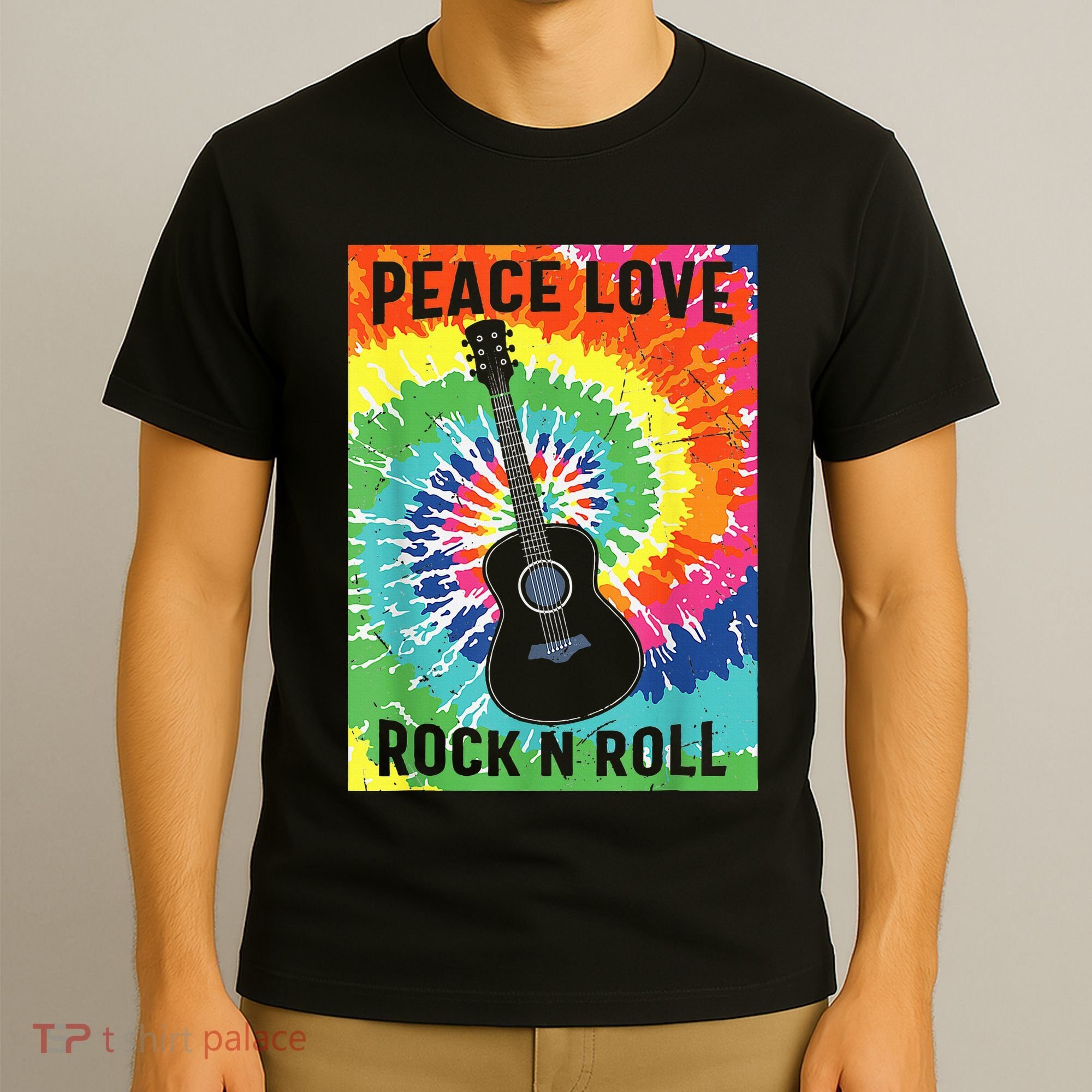 Peace Love Rock N Roll Tie Dye Hippie Guitar Music Retro T-Shirt