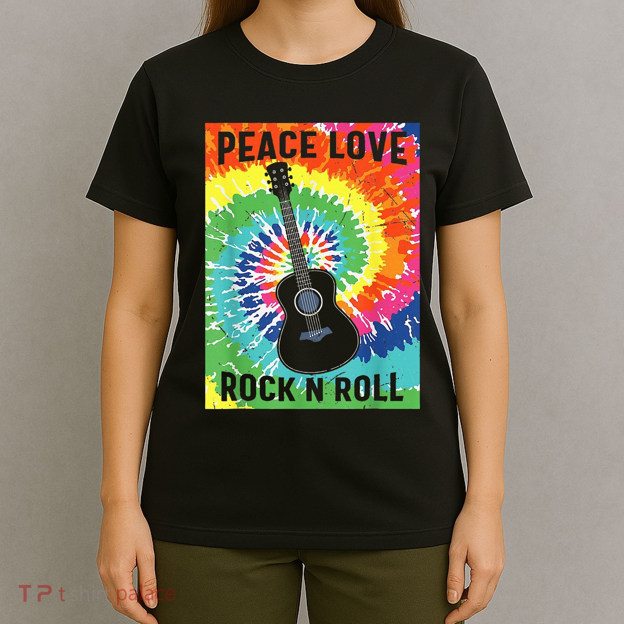 Peace Love Rock N Roll Tie Dye Hippie Guitar Music Retro T-Shirt