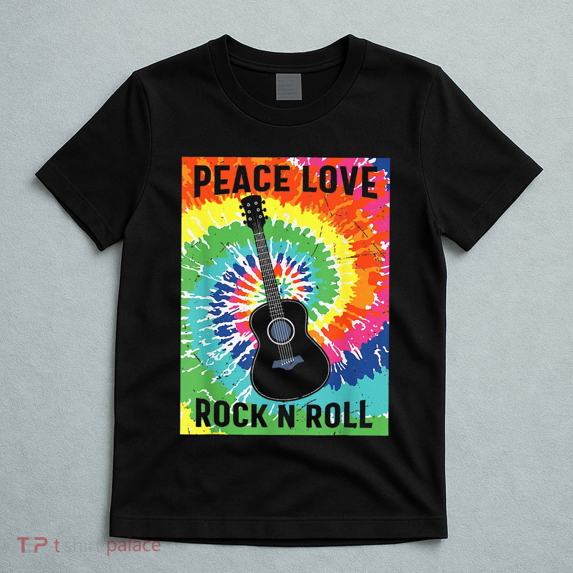 Peace Love Rock N Roll Tie Dye Hippie Guitar Music Retro T-Shirt