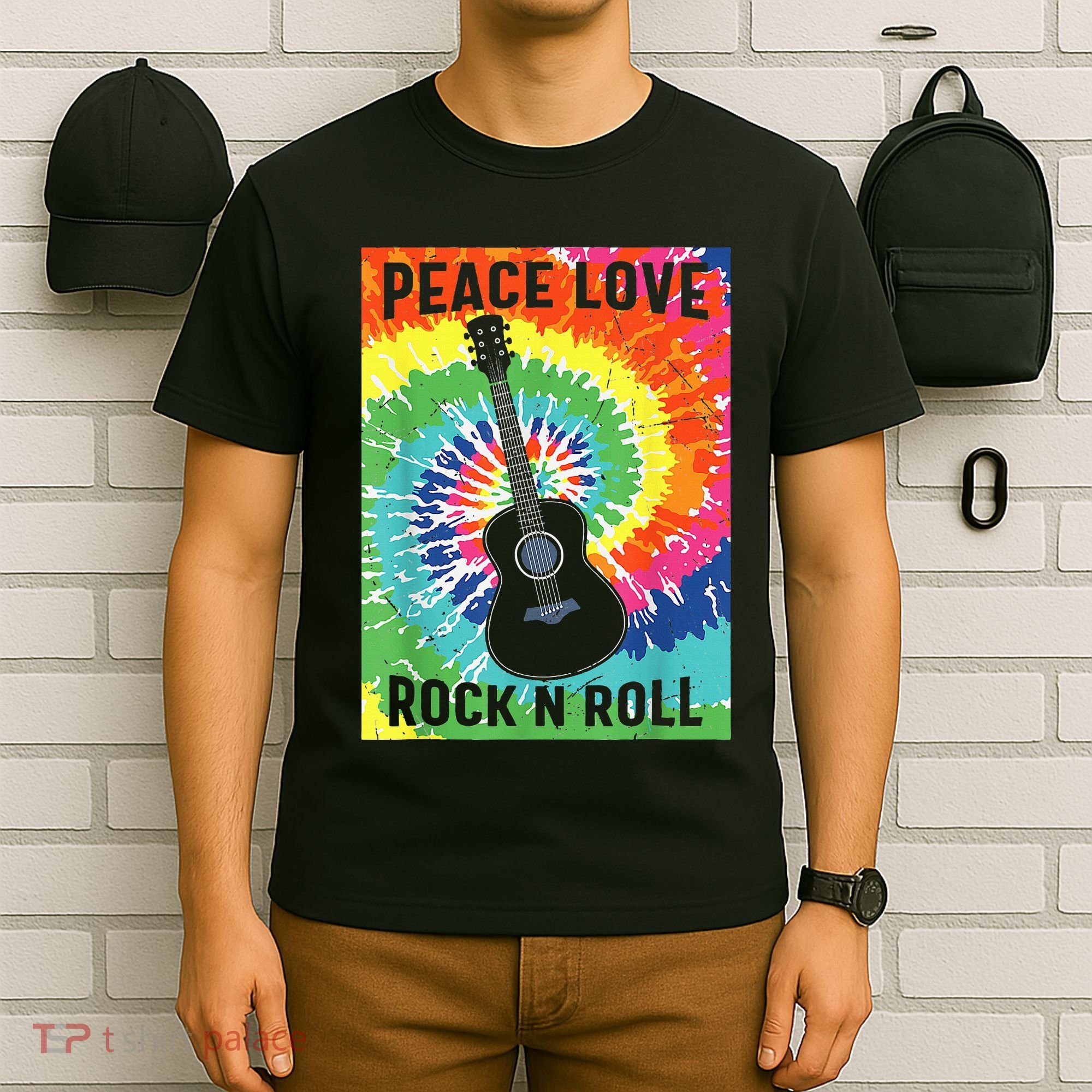 Peace Love Rock N Roll Tie Dye Hippie Guitar Music Retro T-Shirt