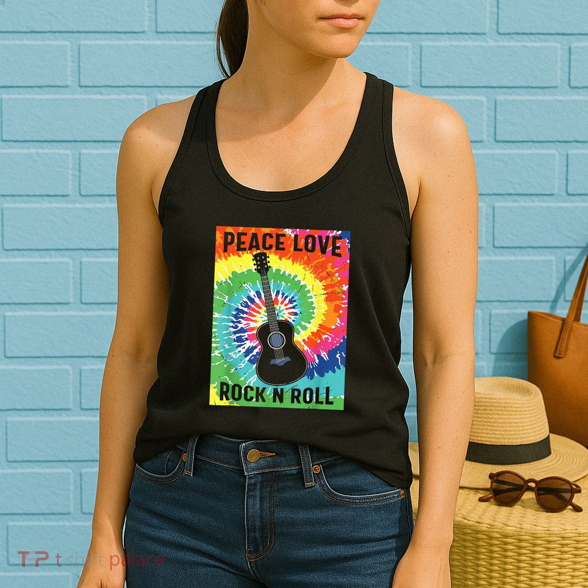 Peace Love Rock N Roll Tie Dye Hippie Guitar Music Retro Women's Tank Top