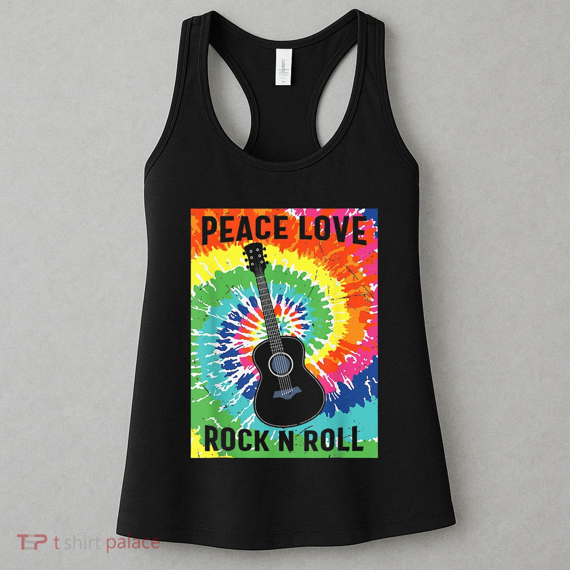 Peace Love Rock N Roll Tie Dye Hippie Guitar Music Retro Women's Tank Top