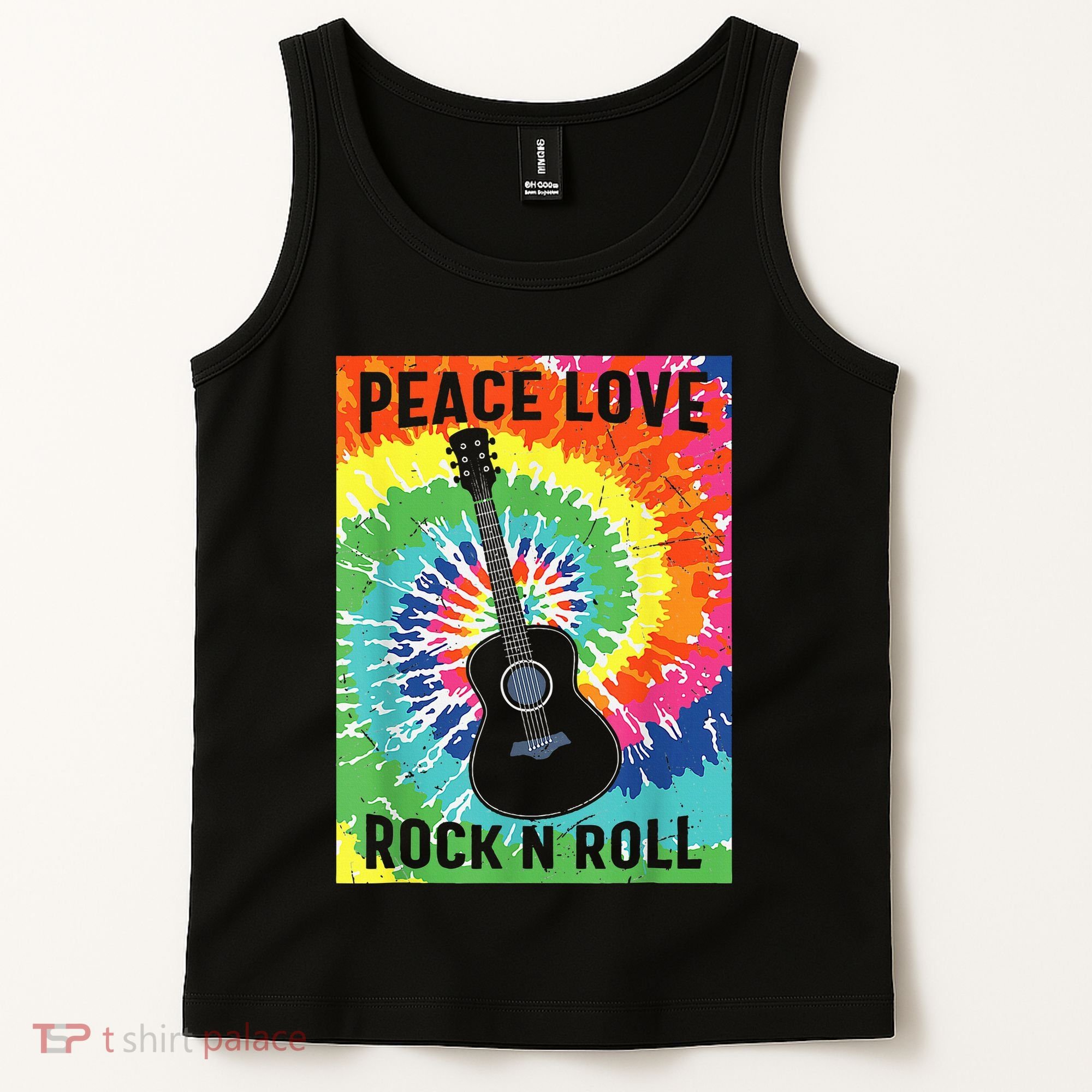 Peace Love Rock N Roll Tie Dye Hippie Guitar Music Retro Tank Top
