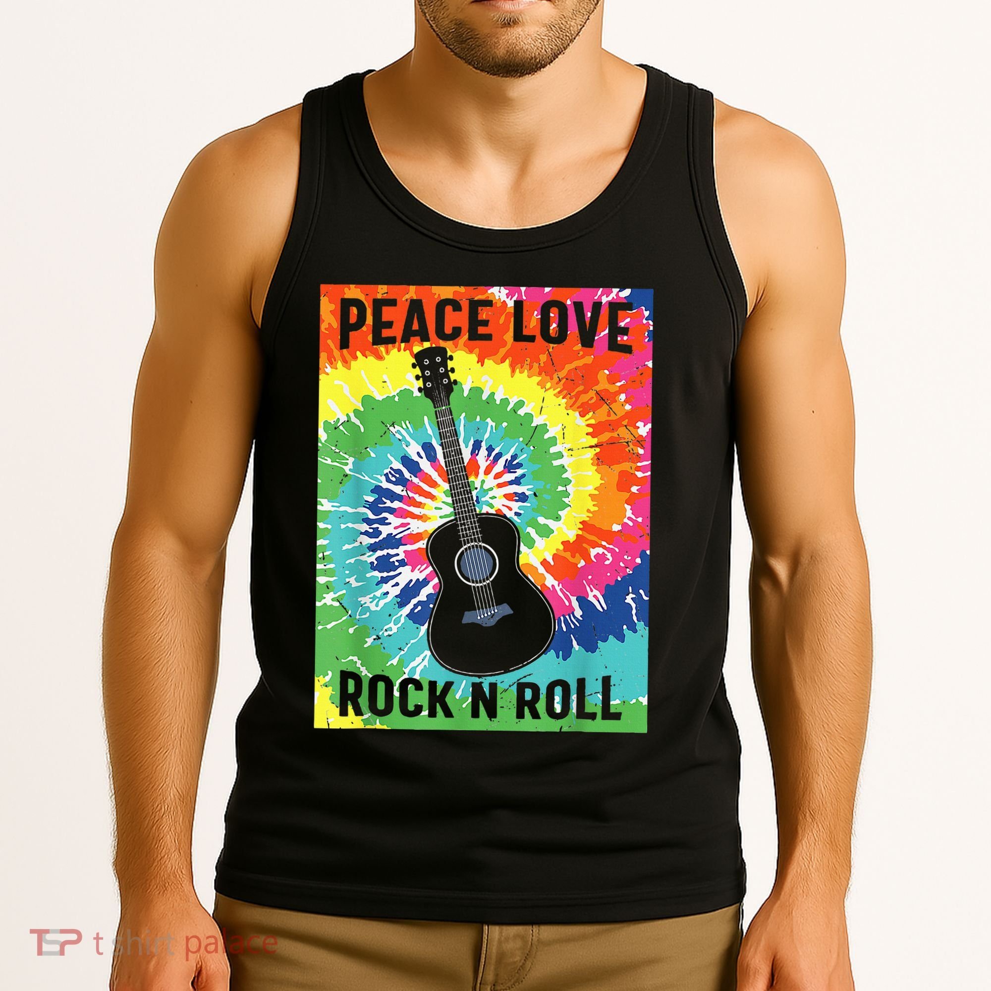 Peace Love Rock N Roll Tie Dye Hippie Guitar Music Retro Tank Top