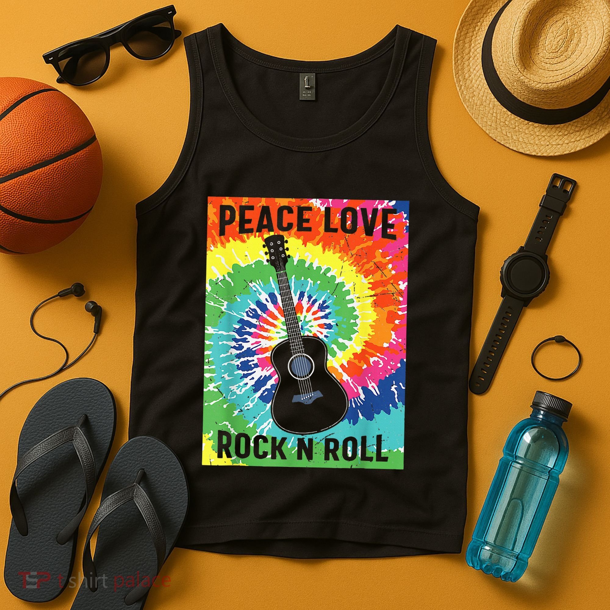 Peace Love Rock N Roll Tie Dye Hippie Guitar Music Retro Tank Top