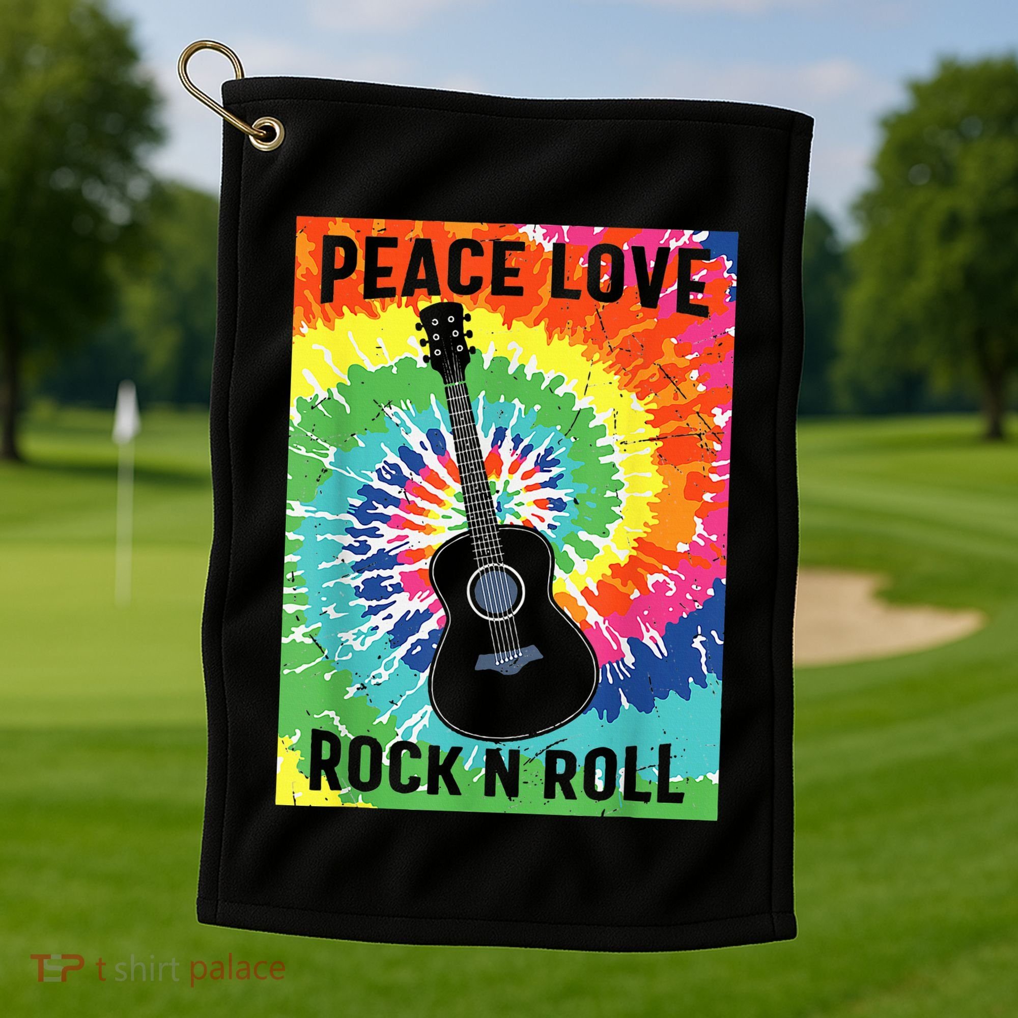 Peace Love Rock N Roll Tie Dye Hippie Guitar Music Retro Golf Towel