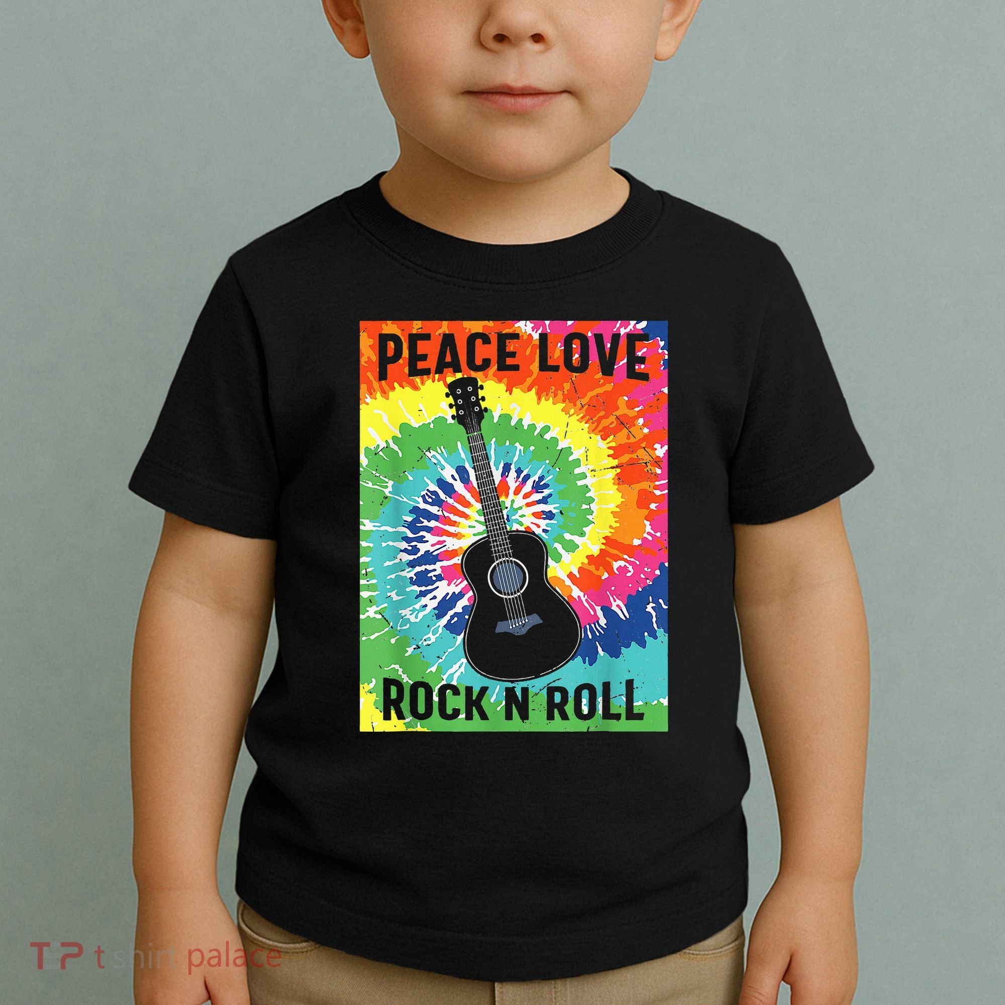 Peace Love Rock N Roll Tie Dye Hippie Guitar Music Retro Toddler T-Shirt