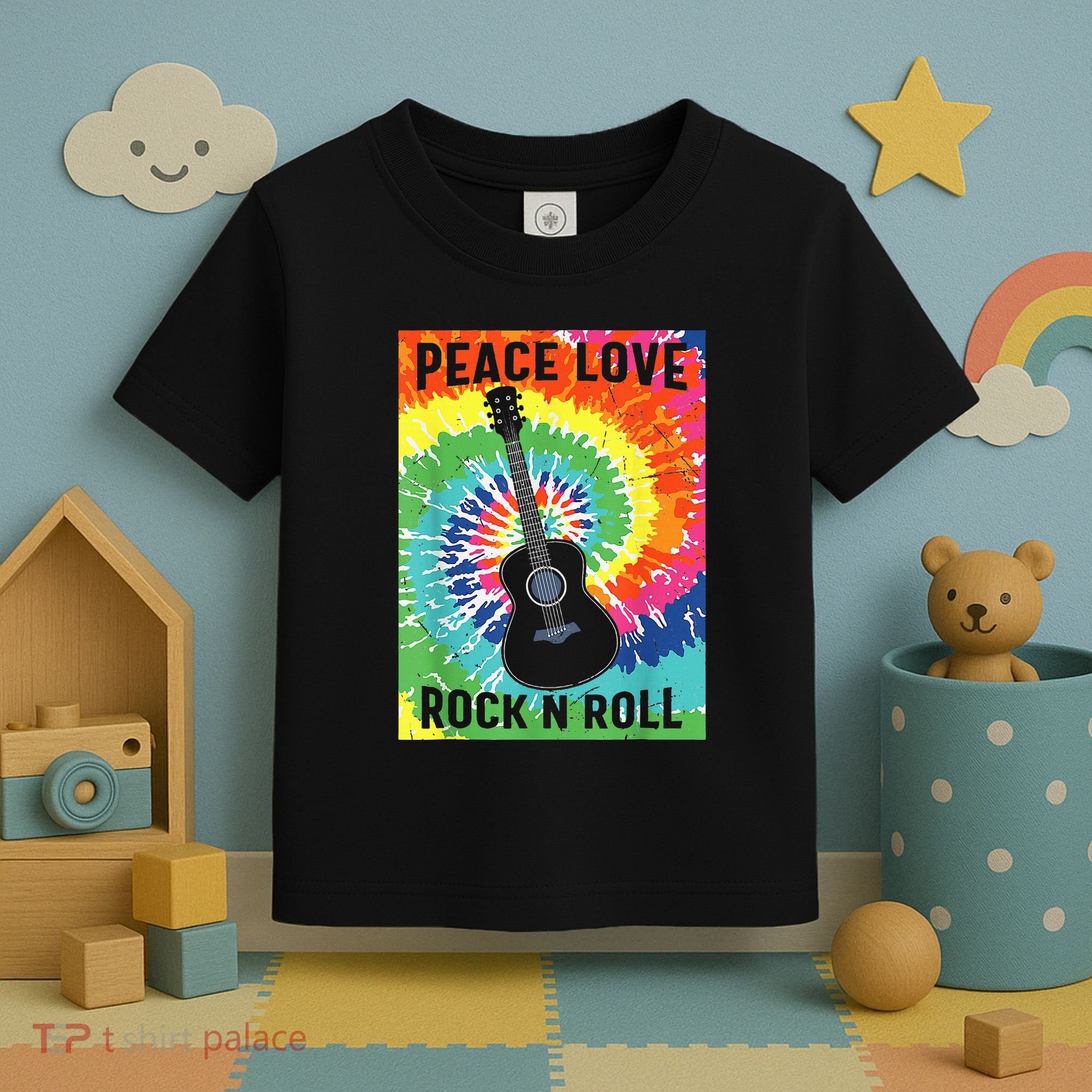 Peace Love Rock N Roll Tie Dye Hippie Guitar Music Retro Toddler T-Shirt