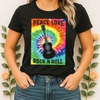 Peace Love Rock N Roll Tie Dye Hippie Guitar Music Retro Women's T-Shirt thumb 2
