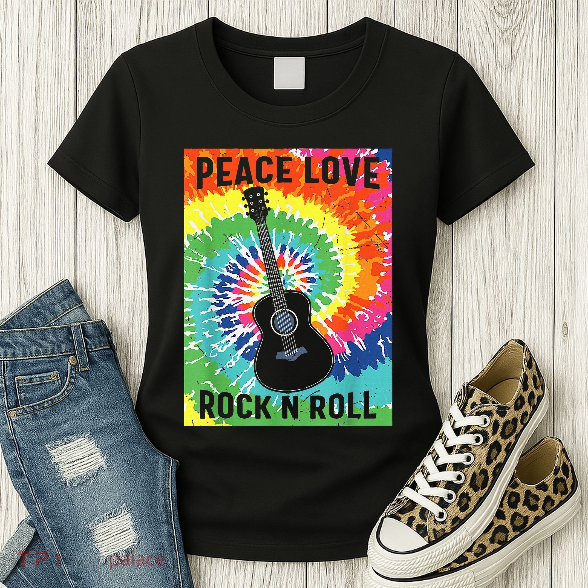 Peace Love Rock N Roll Tie Dye Hippie Guitar Music Retro Women's T-Shirt