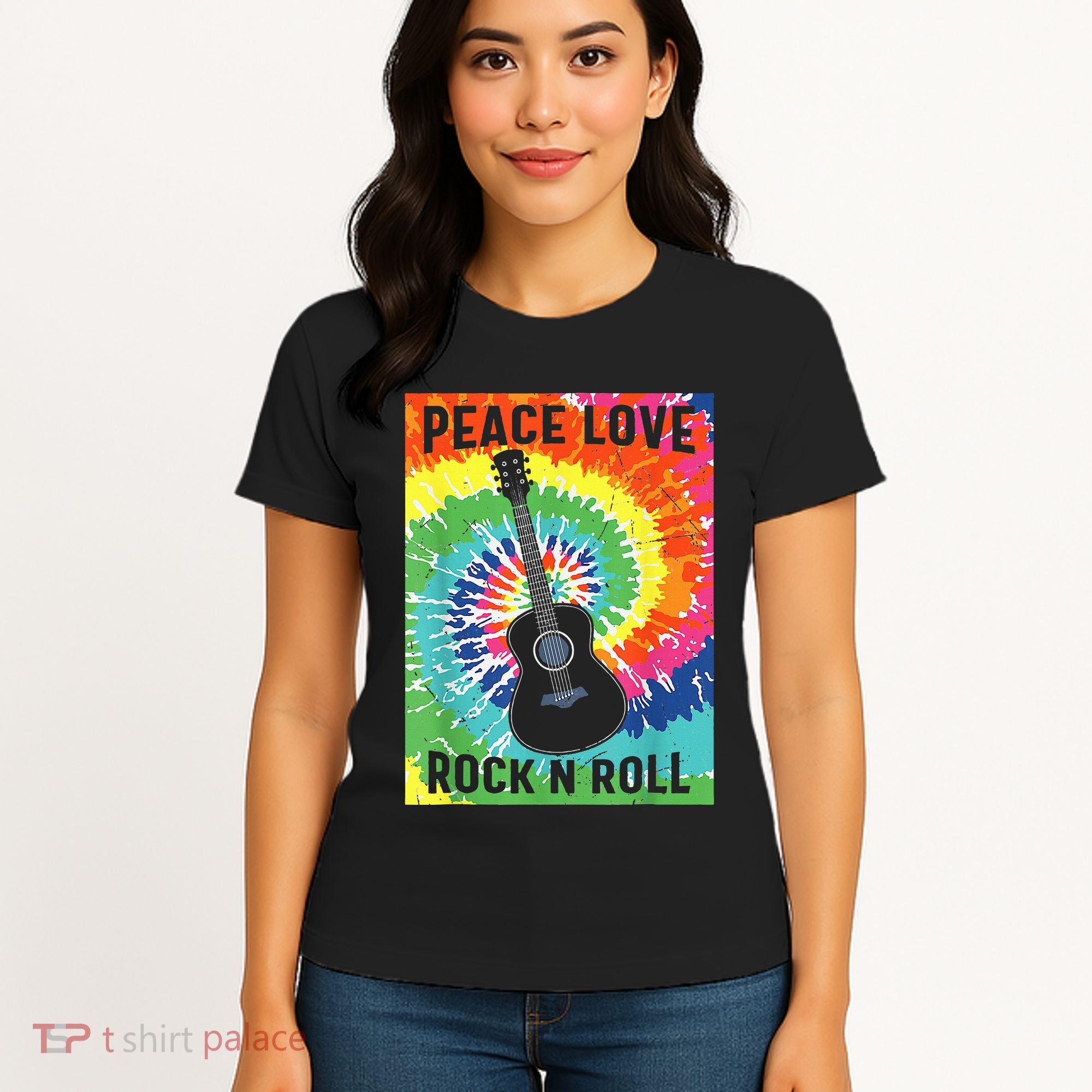 Peace Love Rock N Roll Tie Dye Hippie Guitar Music Retro Women's T-Shirt