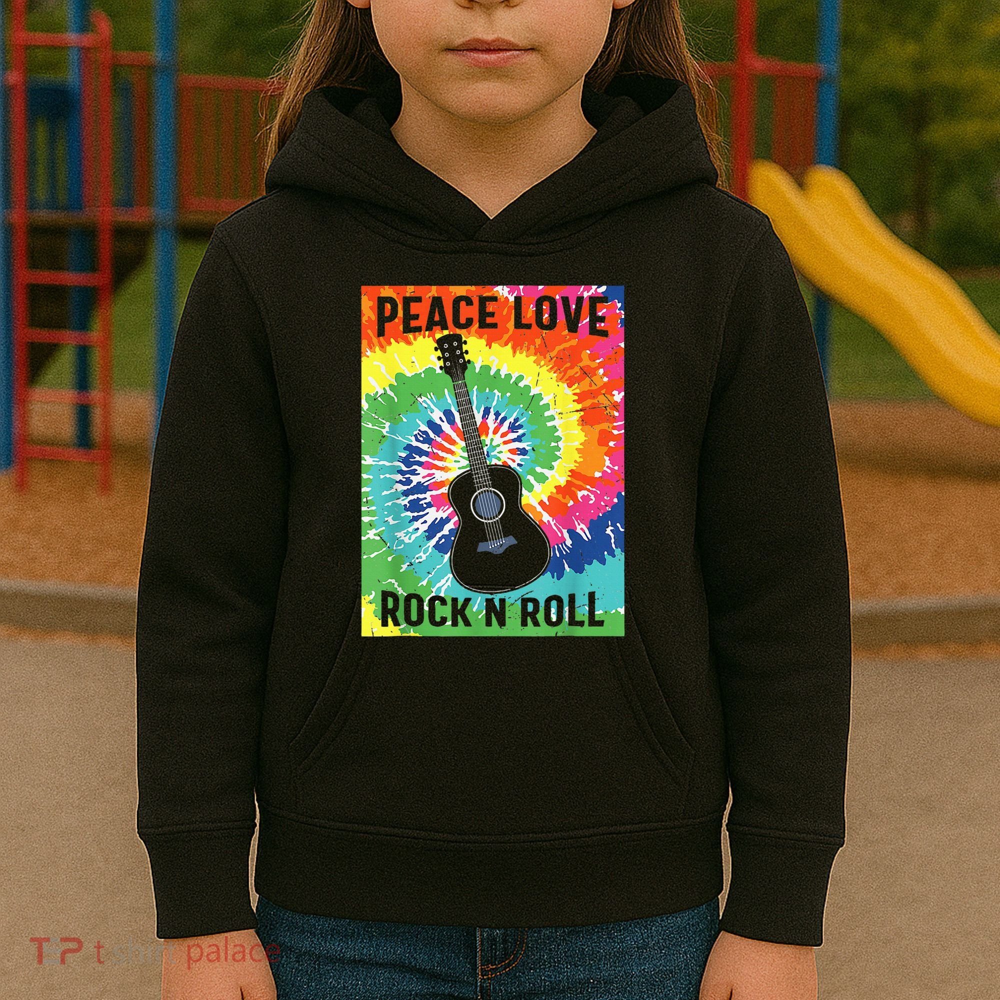 Peace Love Rock N Roll Tie Dye Hippie Guitar Music Retro Kids Hoodie