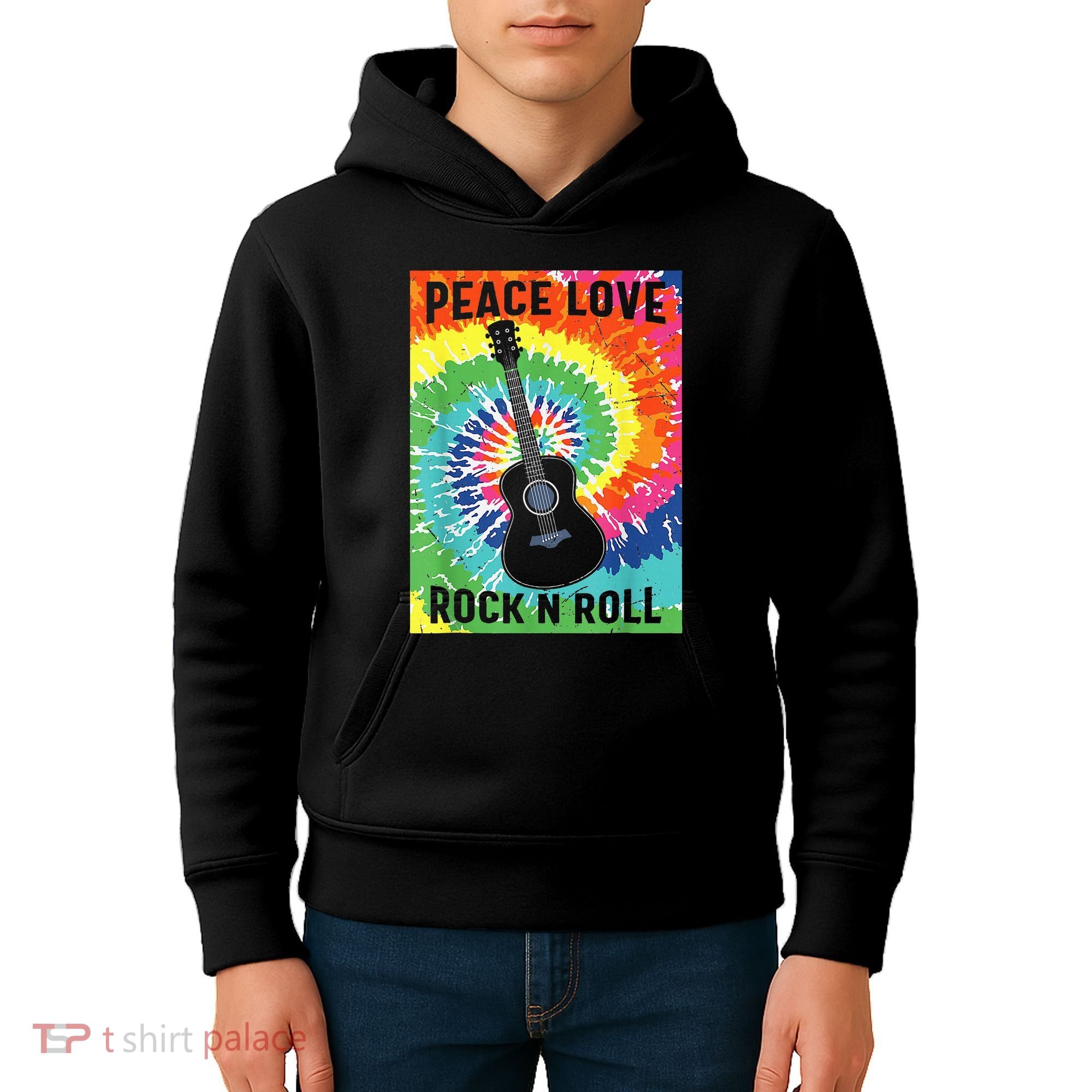 Peace Love Rock N Roll Tie Dye Hippie Guitar Music Retro Kids Hoodie
