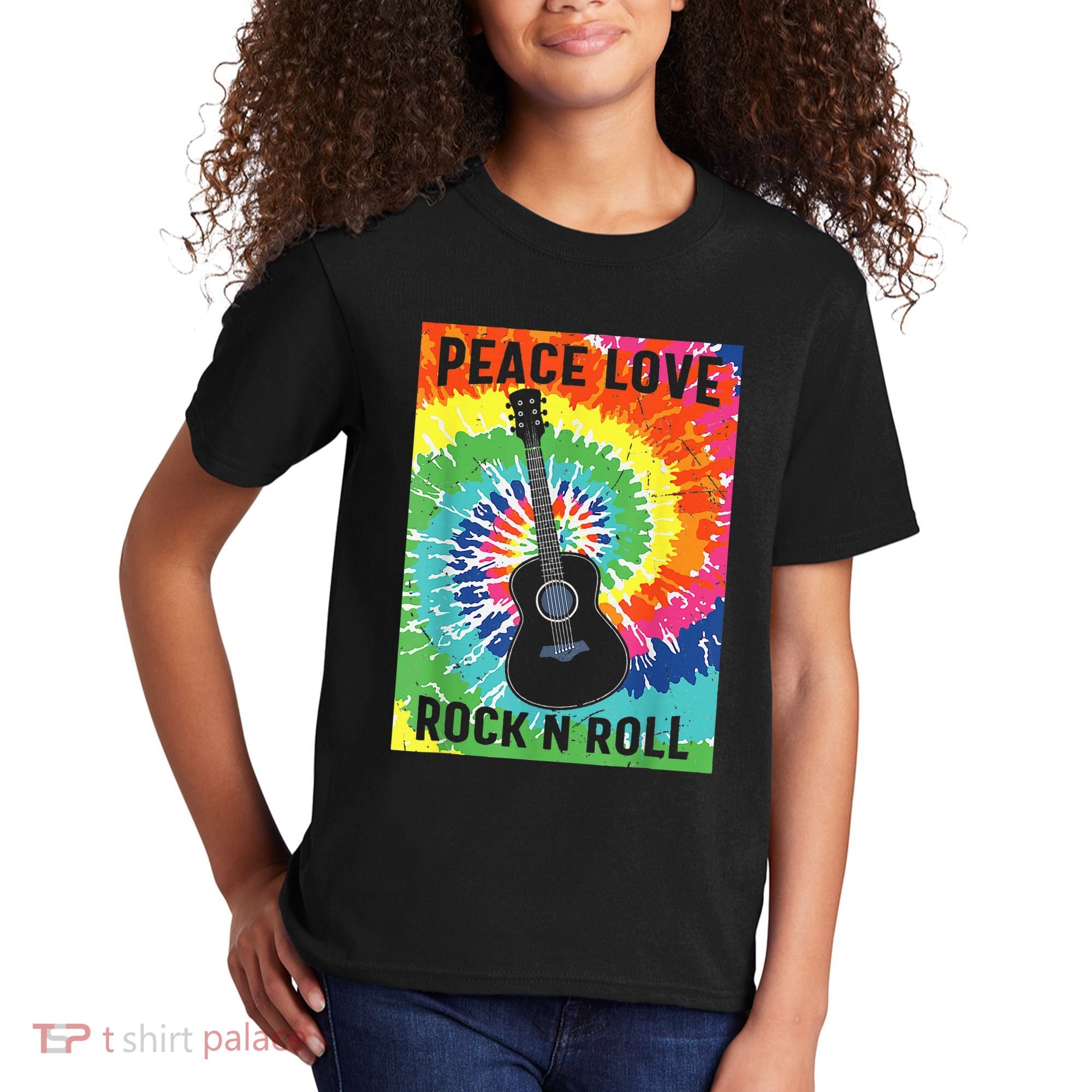 Peace Love Rock N Roll Tie Dye Hippie Guitar Music Retro Kids T-Shirt