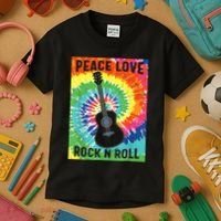 Peace Love Rock N Roll Tie Dye Hippie Guitar Music Retro Kids T-Shirt thumb 3