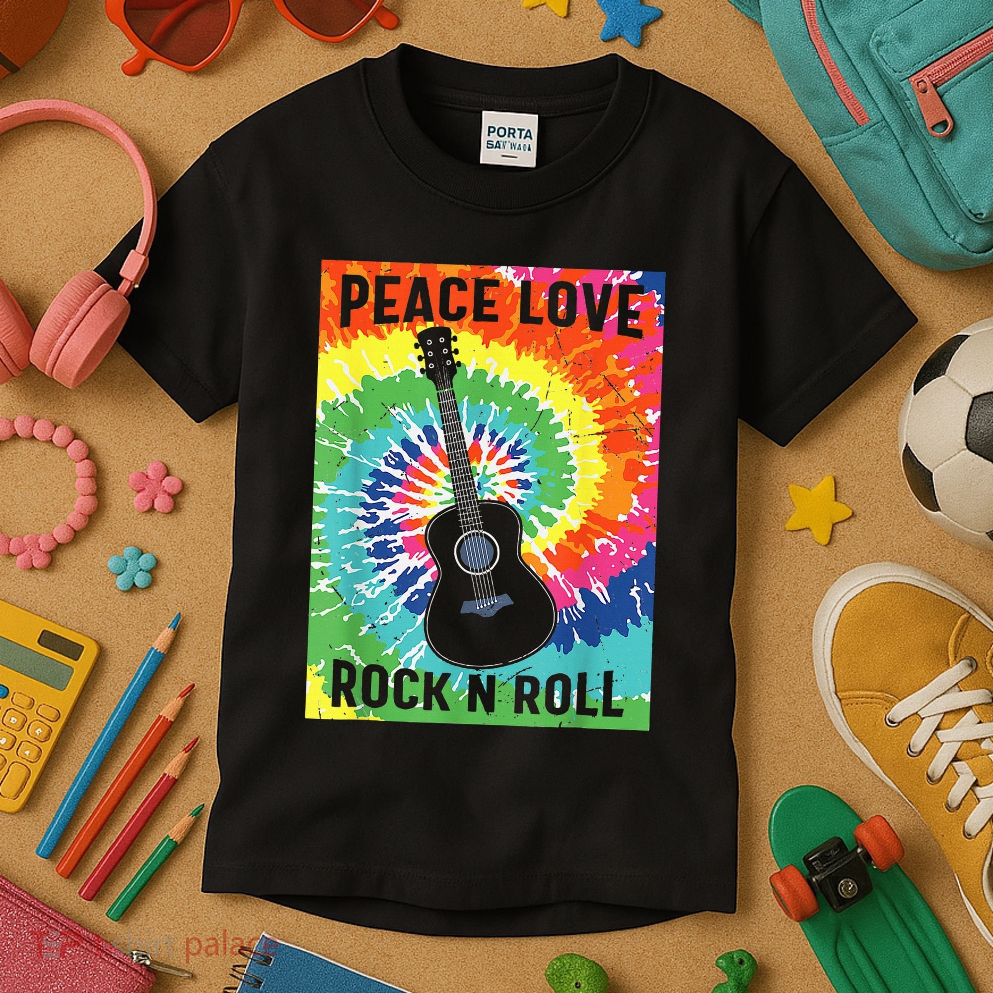 Peace Love Rock N Roll Tie Dye Hippie Guitar Music Retro Kids T-Shirt