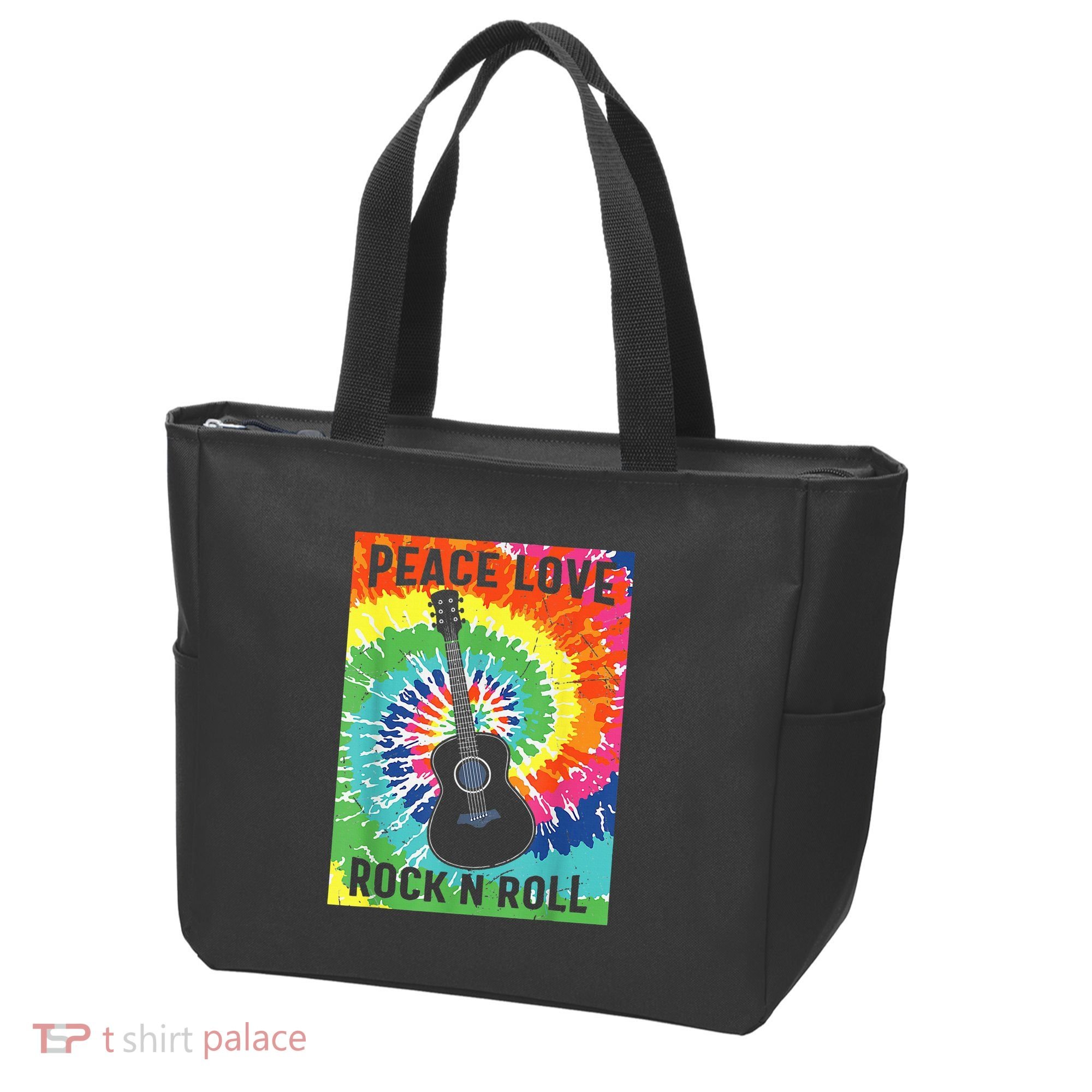 Peace Love Rock N Roll Tie Dye Hippie Guitar Music Retro Tote Bag