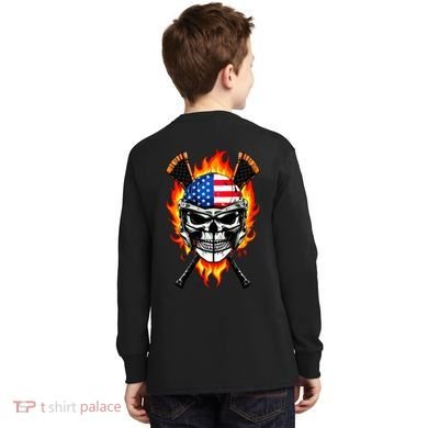 Patriotic Lacrosse Skull Kids Long Sleeve Shirt back