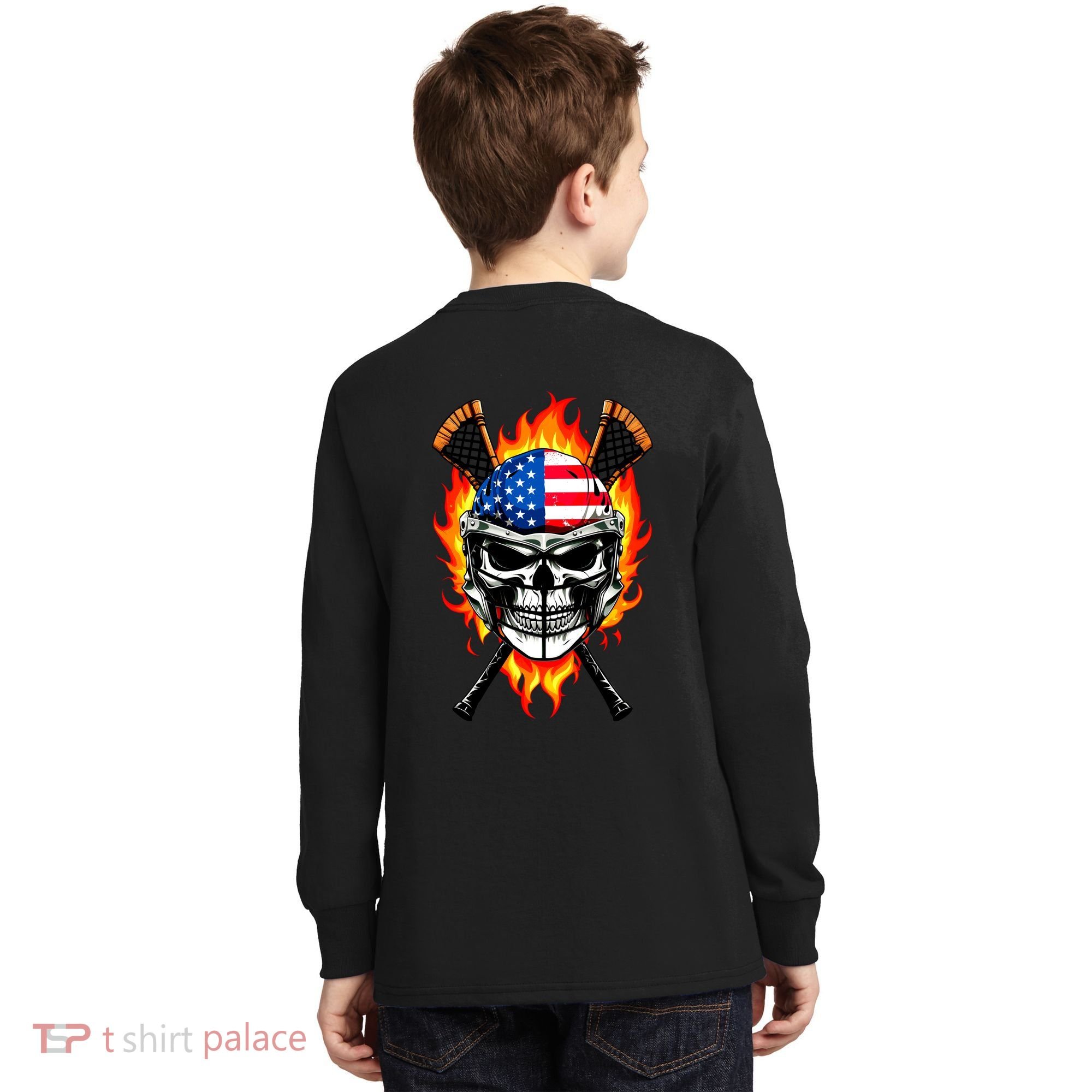 Patriotic Lacrosse Skull Kids Long Sleeve Shirt