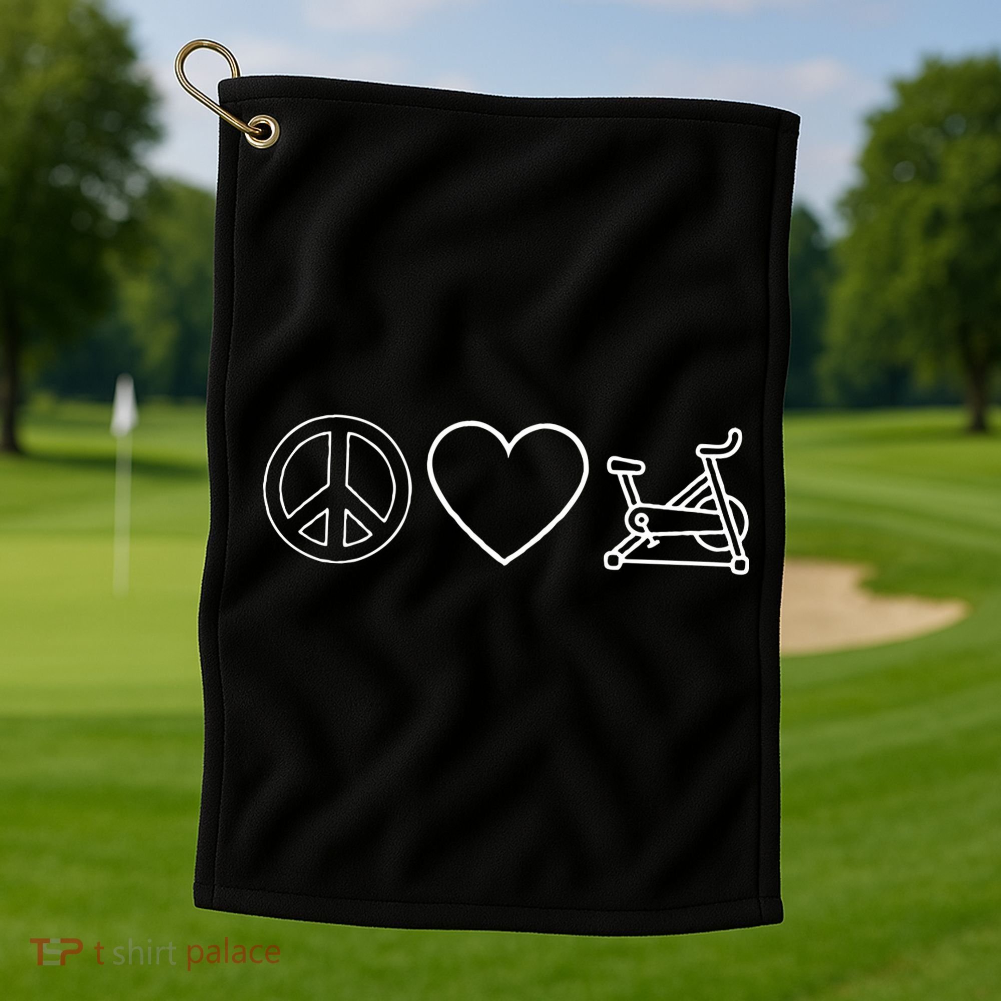 Peace Love Spin Heart Funny Spin Class Spinning Cycling Gym Golf Towel
