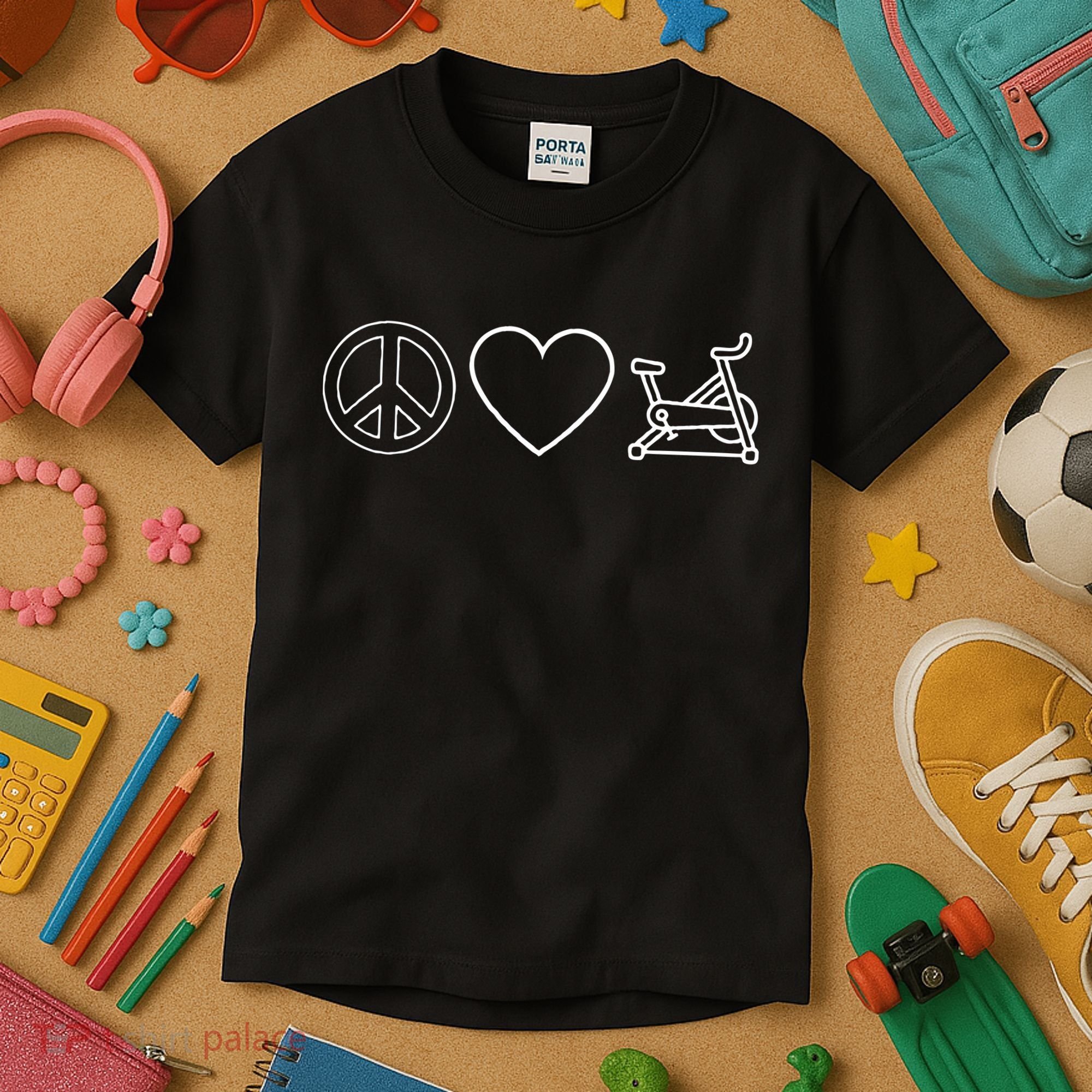Peace Love Spin Heart Funny Spin Class Spinning Cycling Gym Kids T-Shirt