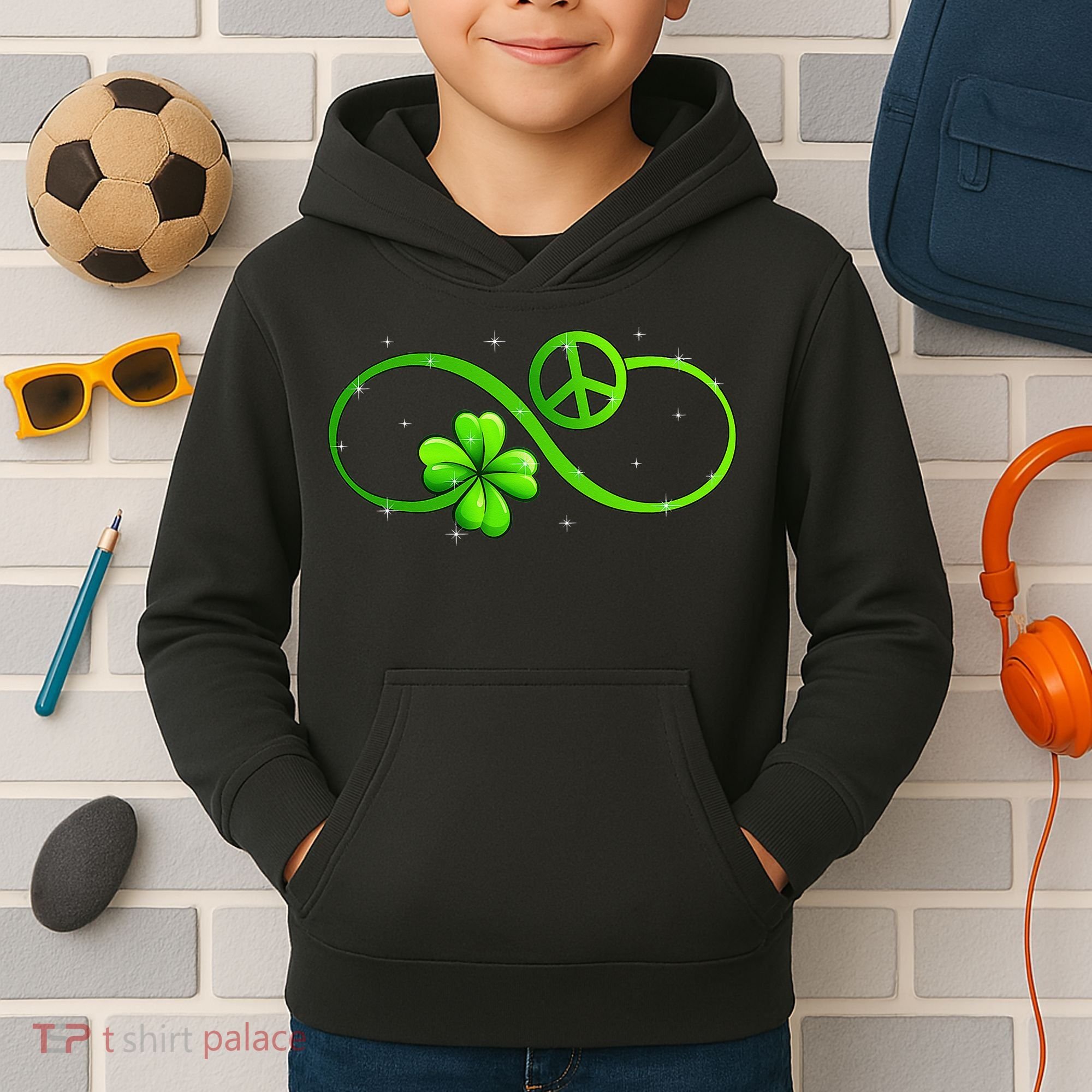 Peace Love Shamrock Irish Happy St Patrick's Day Kids Hoodie