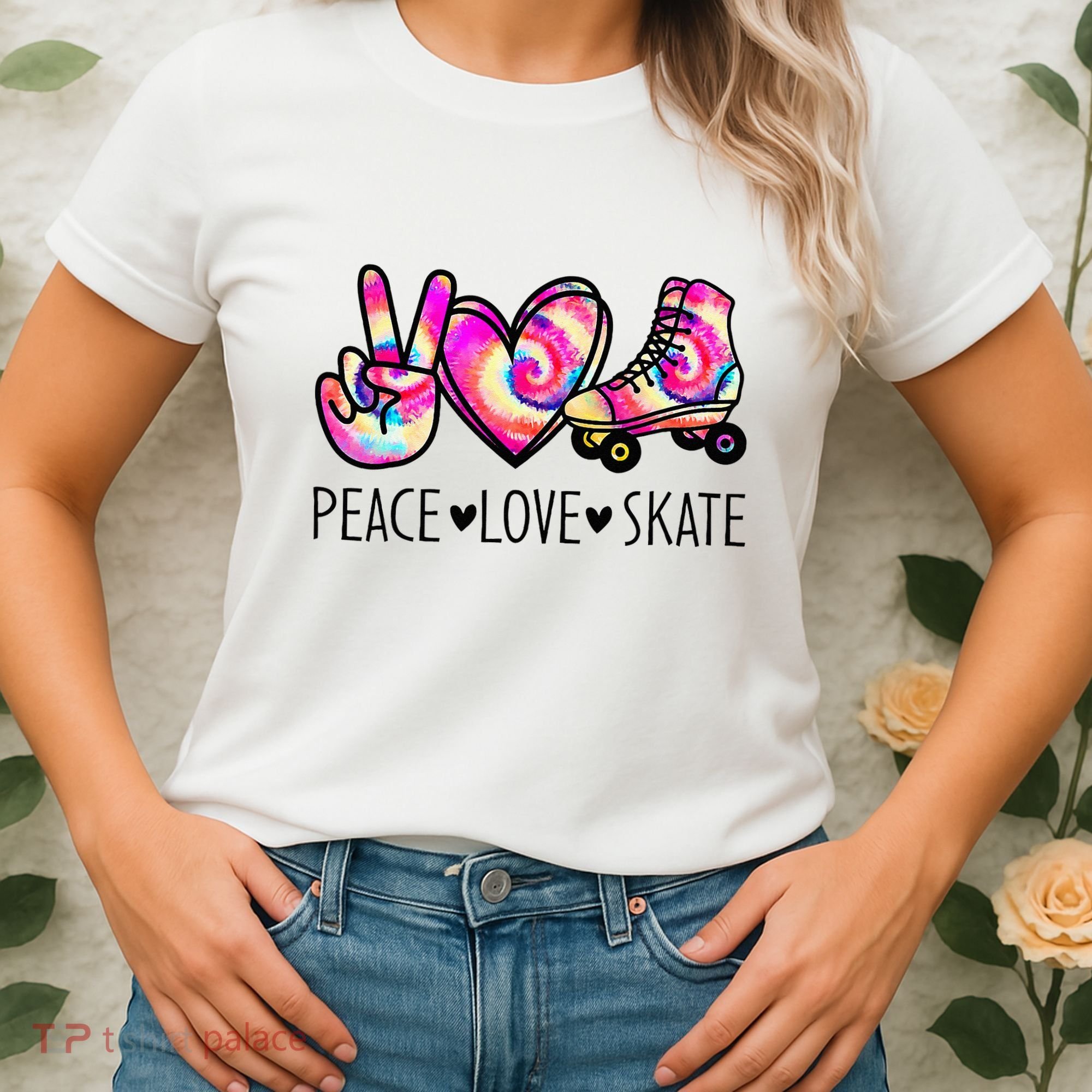 Peace Love Skate Tie Dye Roller Skating For Women's T-Shirt