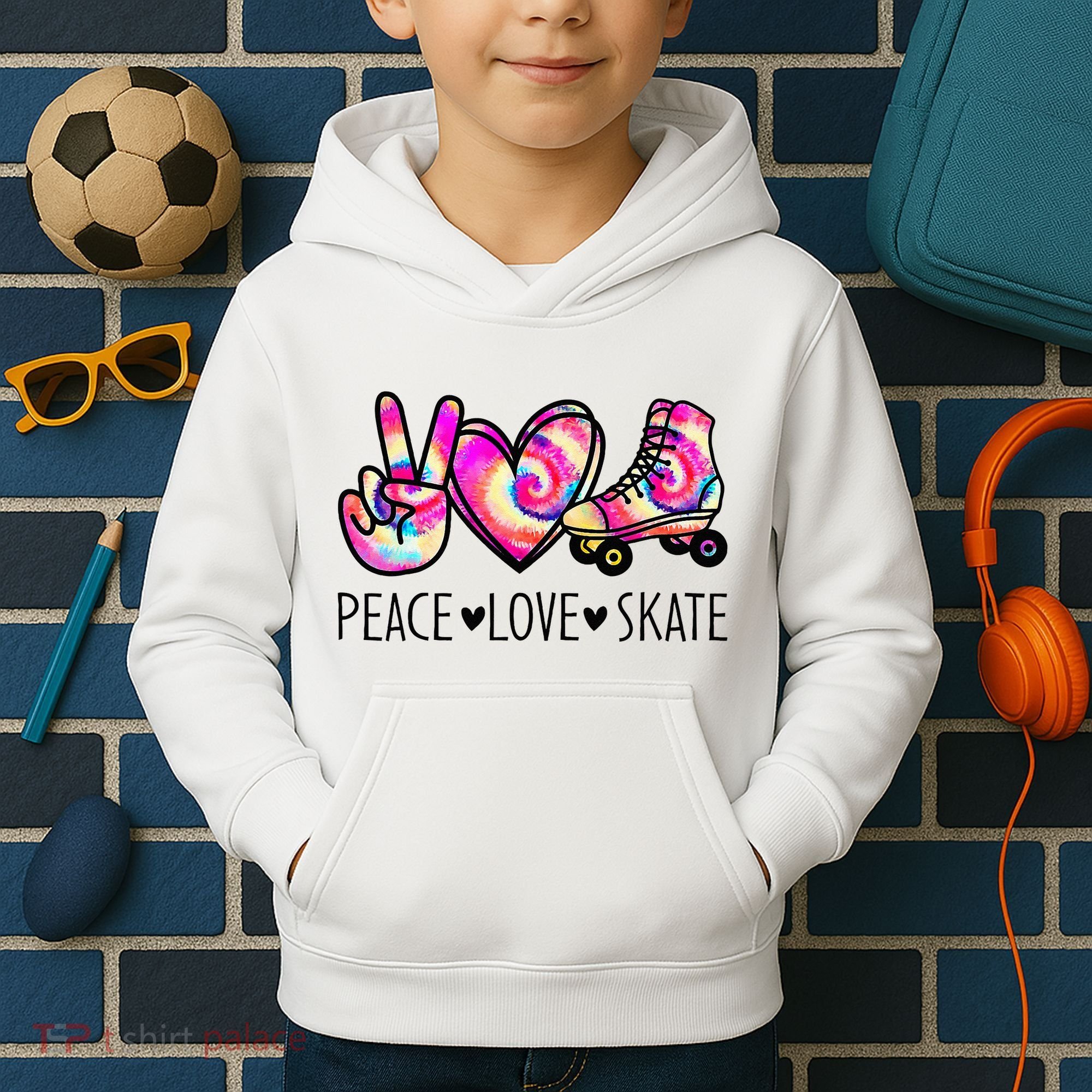 Peace Love Skate Tie Dye Roller Skating For Kids Hoodie