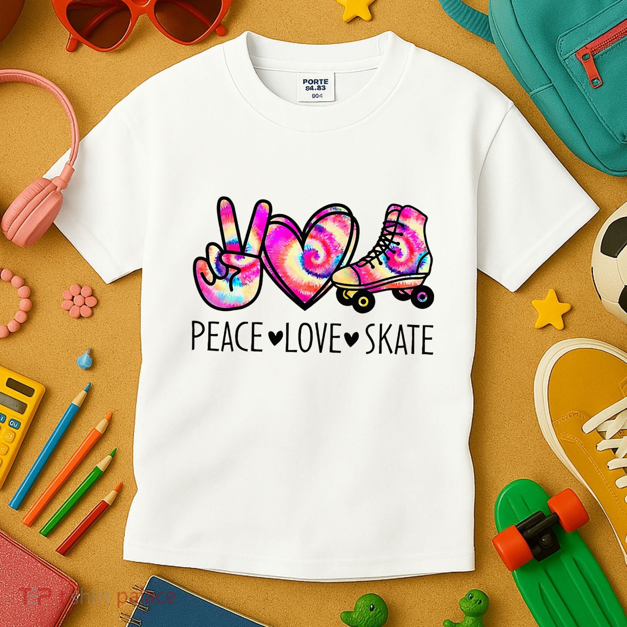 Peace Love Skate Tie Dye Roller Skating For Kids T-Shirt