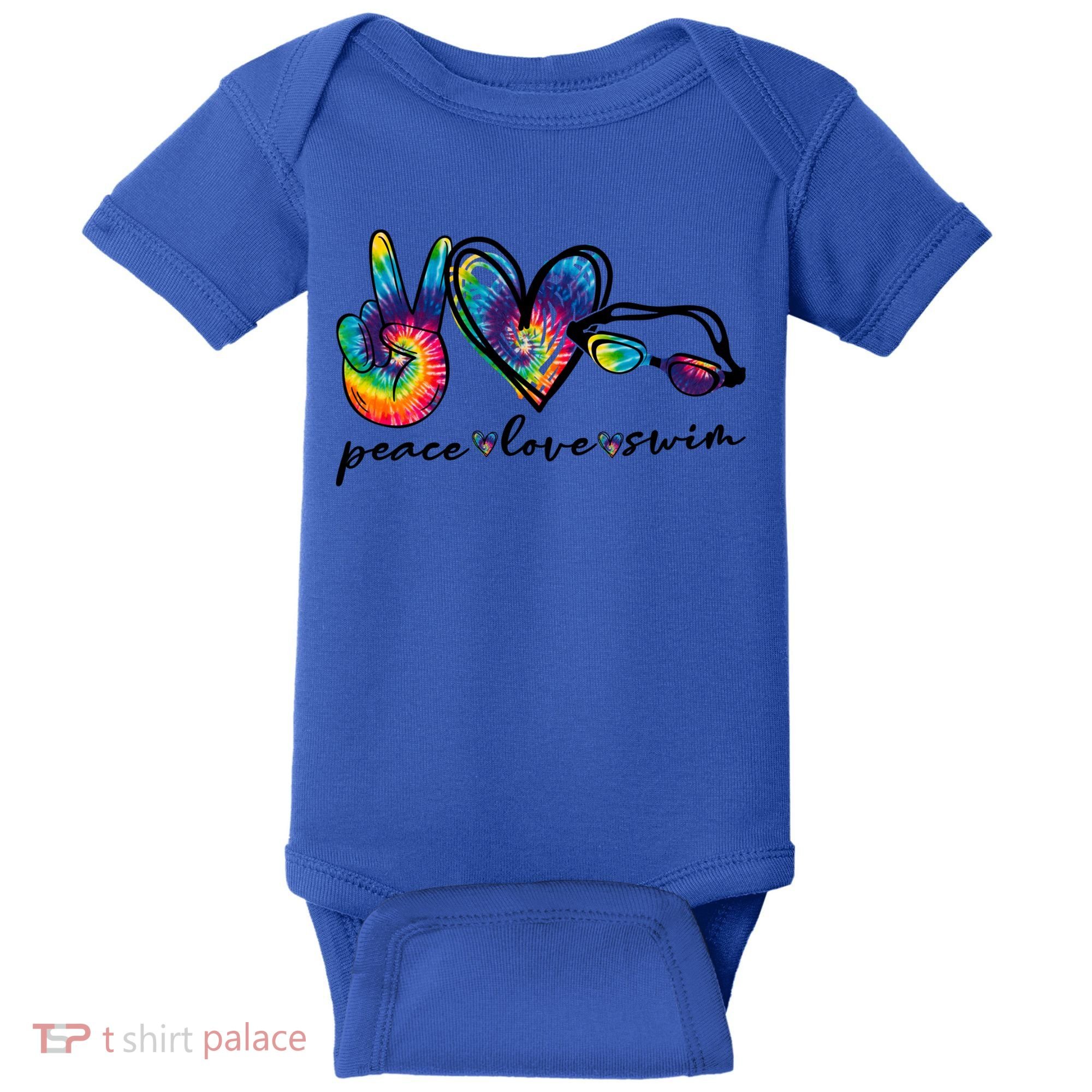 Peace Love Swim Goggles Tie Dye Swimmer Swimming Gift Baby Bodysuit