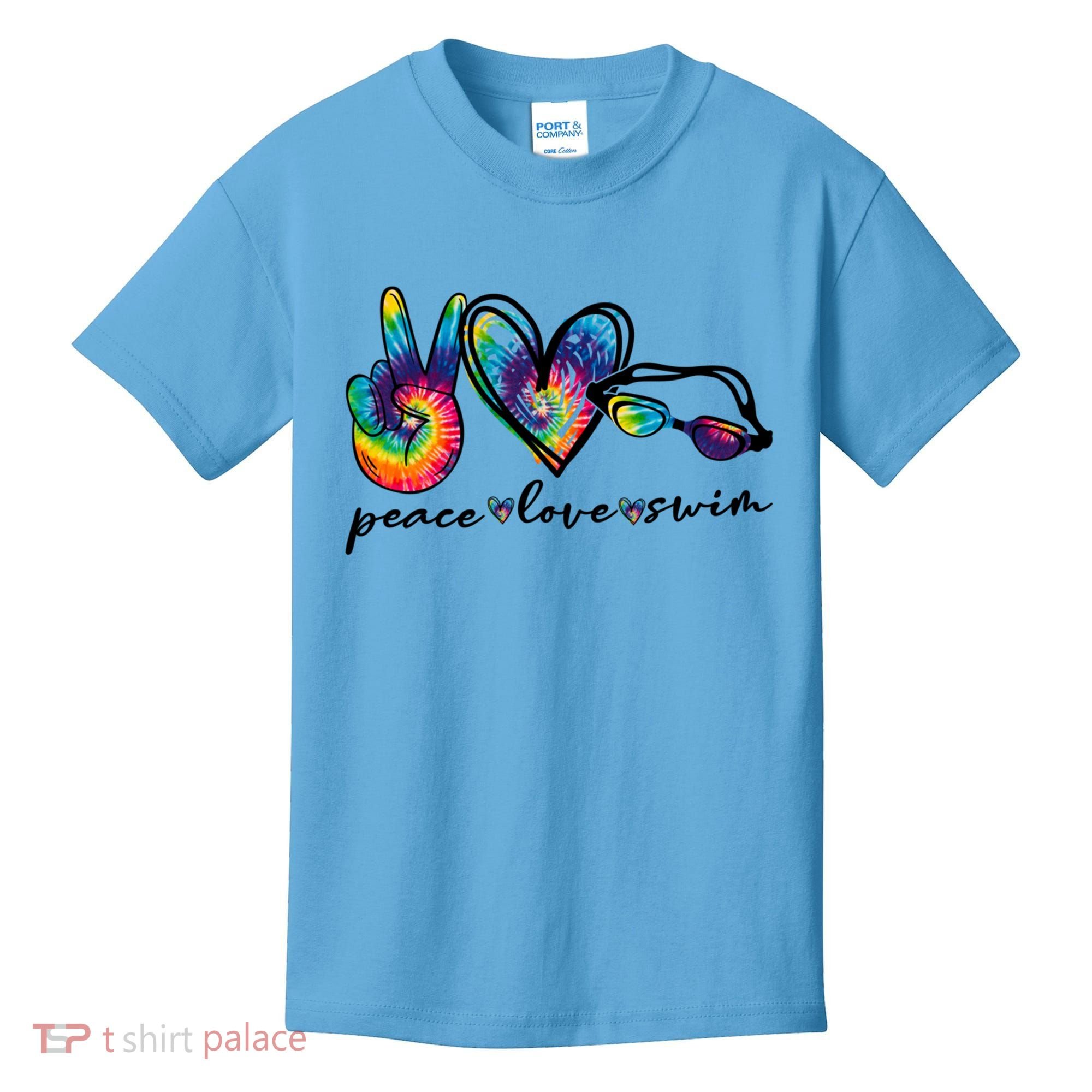 Peace Love Swim Goggles Tie Dye Swimmer Swimming Cool Gift Kids T-Shirt