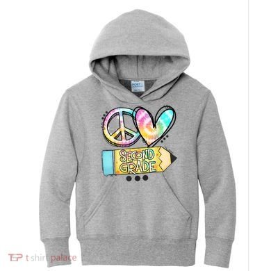 Peace Love Second Grade Funny TieDye Teacher Kids Hoodie