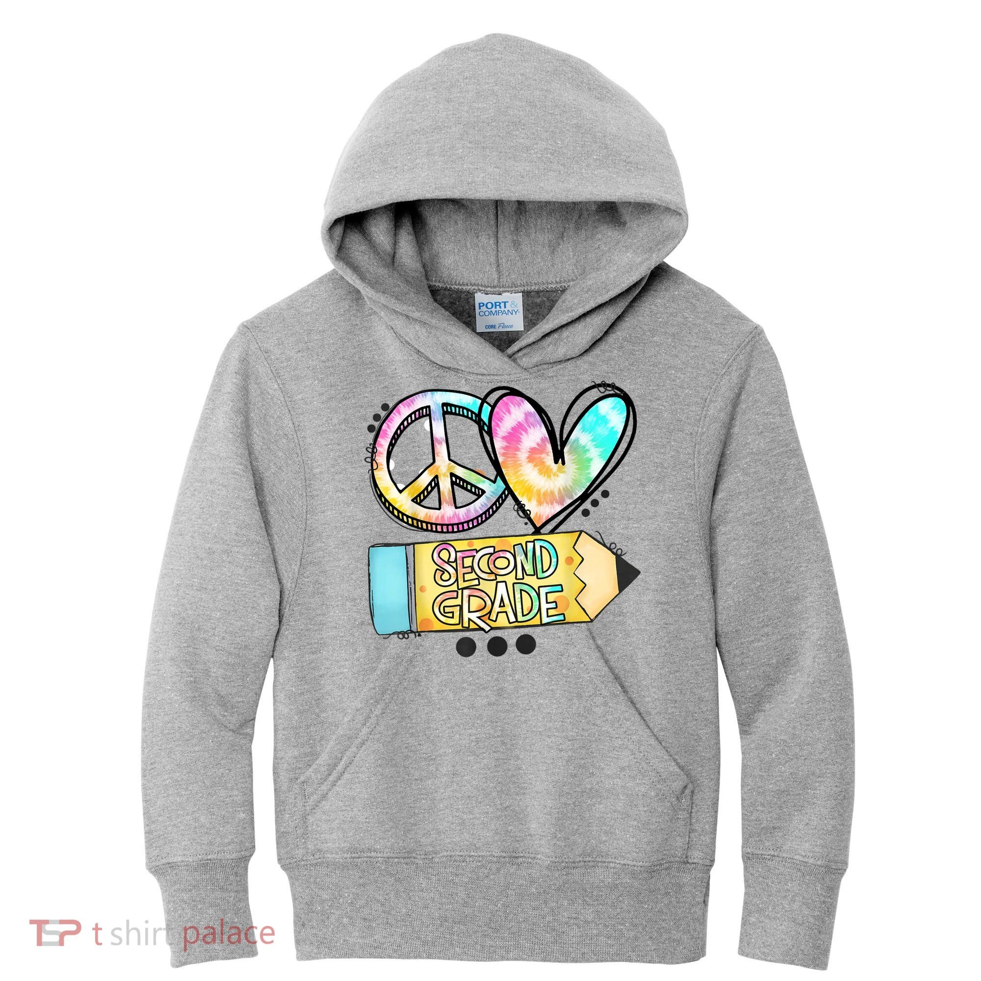 Peace Love Second Grade Funny TieDye Teacher Kids Hoodie