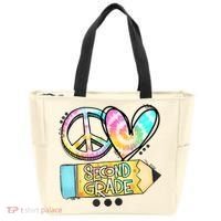 Peace Love Second Grade Funny TieDye Teacher Tote Bag thumb 0