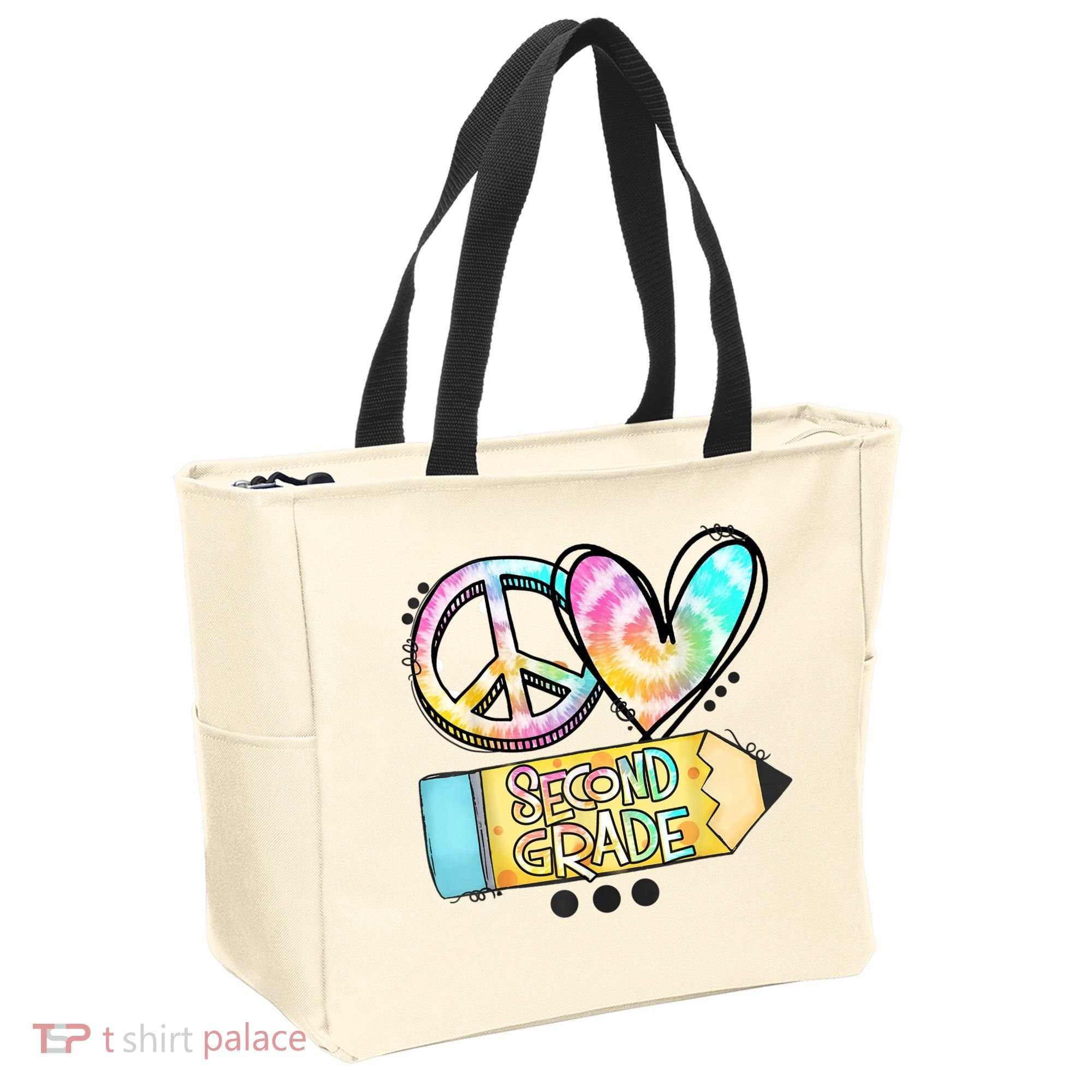 Peace Love Second Grade Funny TieDye Teacher Tote Bag