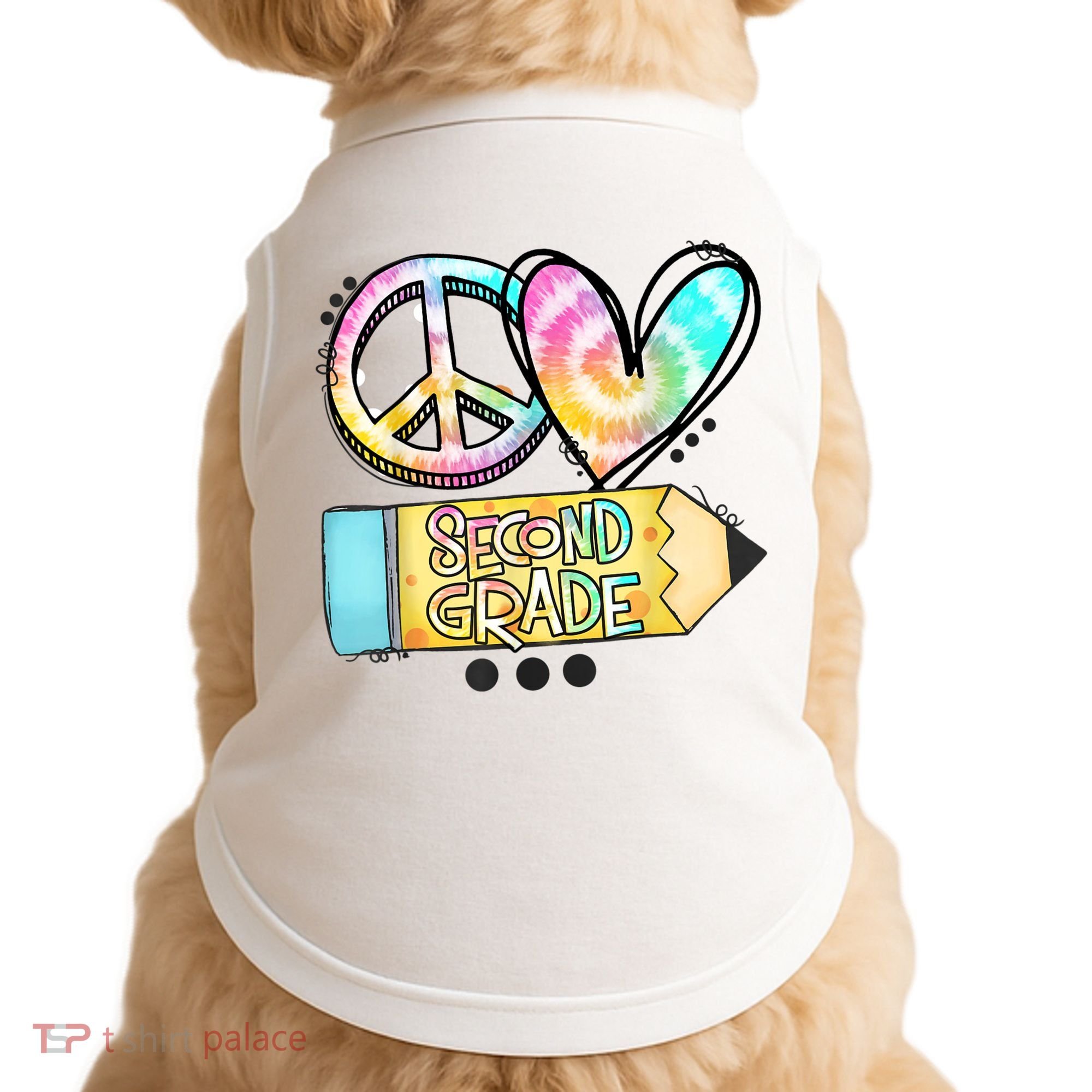Peace Love Second Grade Funny TieDye Teacher Doggie Tank